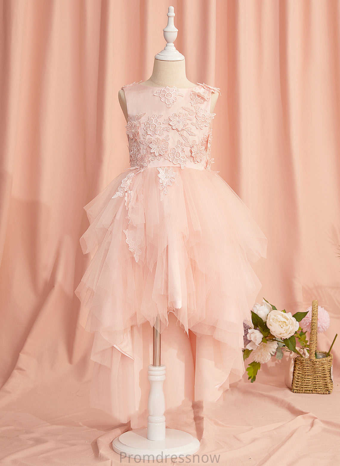 Ball-Gown/Princess Lace/Flower(s)/V Neck Girl With Back Asymmetrical Sleeveless - Flower Girl Dresses Scoop Tulle Dress Flower Gabriella