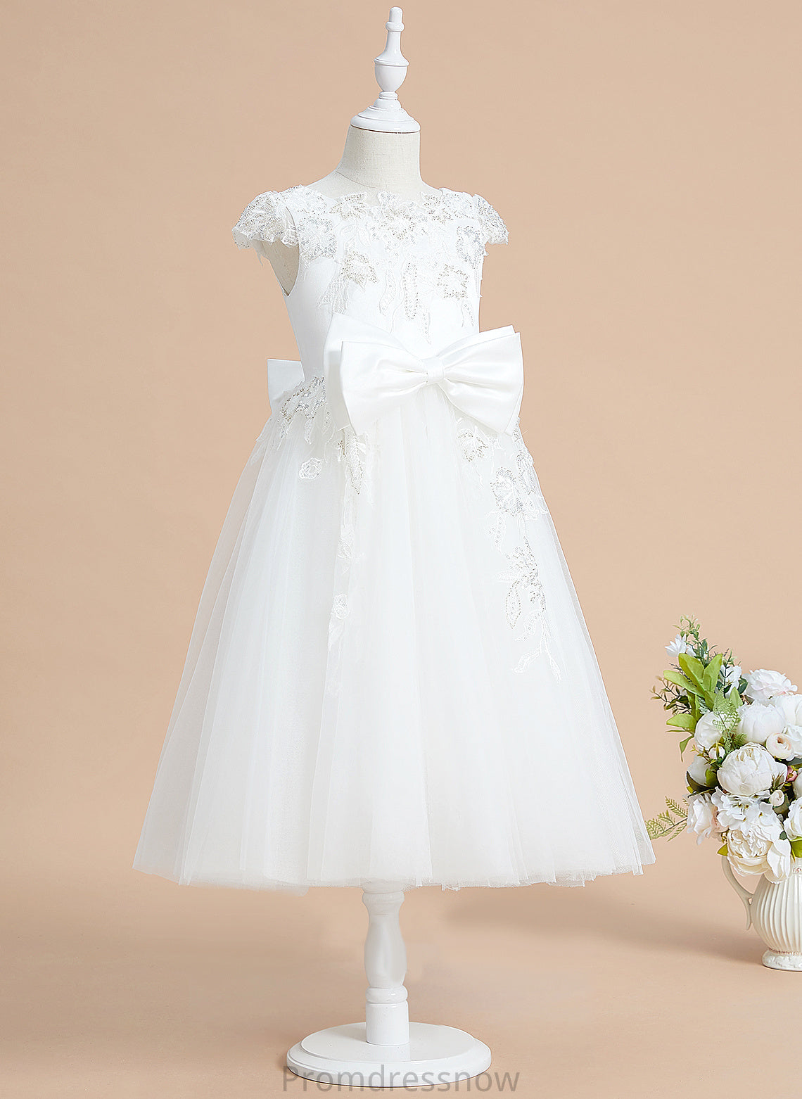 Sequins/Bow(s) Neck - Tulle/Lace Tea-length Girl Flower Girl Dresses Short A-Line Flower Scoop Dress Leah With Sleeves