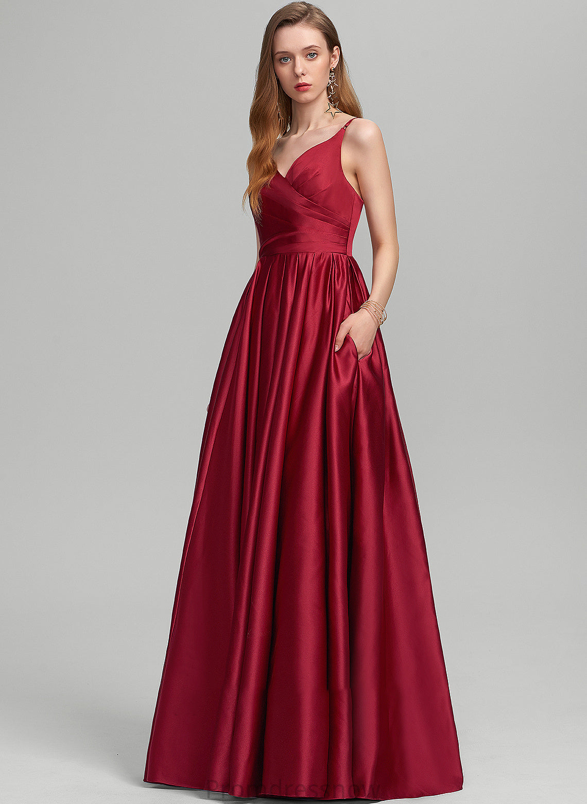 With V-neck Blanche Satin Prom Dresses A-Line Pockets Floor-Length Ruffle