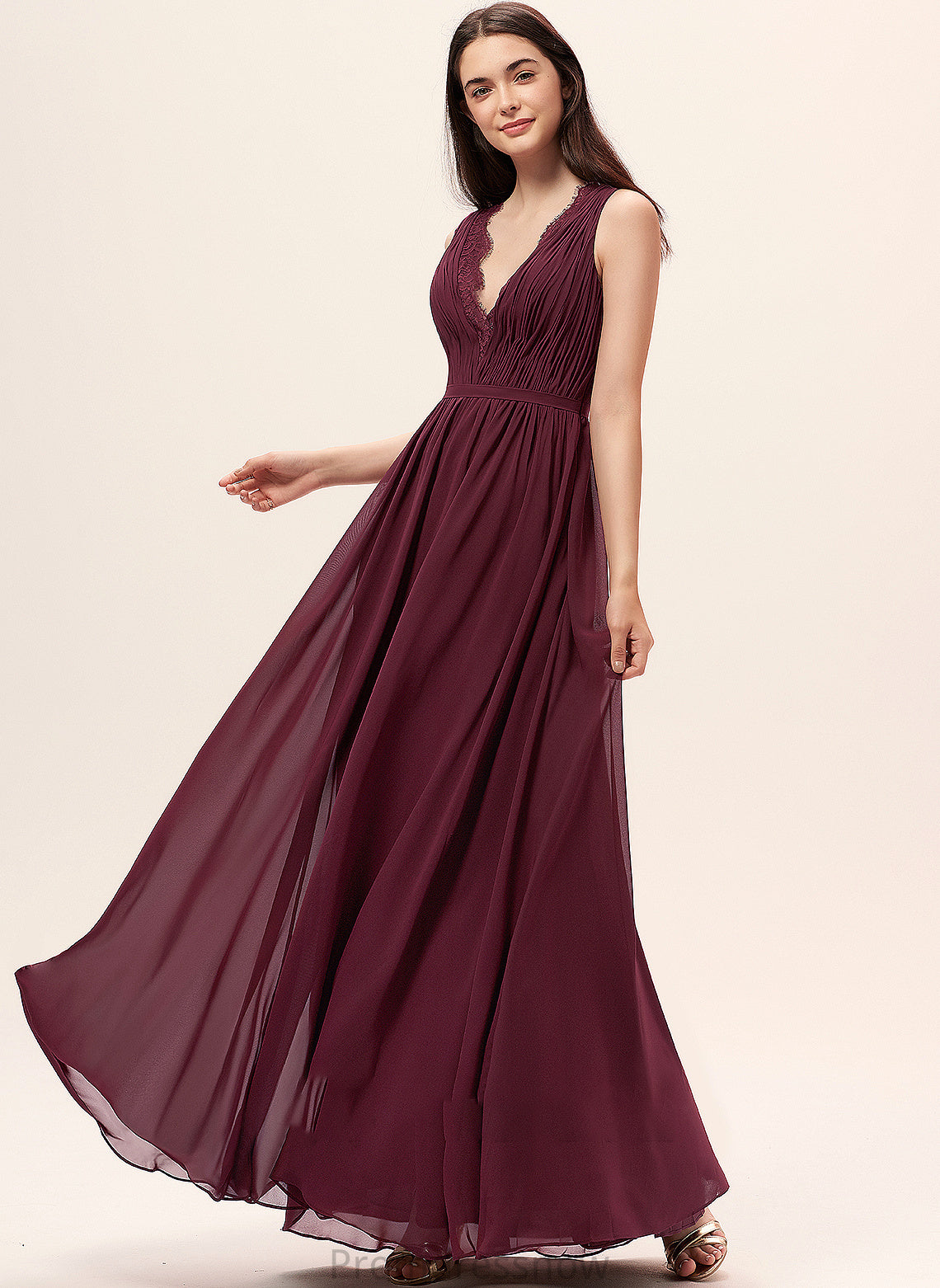 Silhouette Embellishment Ruffle Floor-Length A-Line V-neck Neckline Lace Fabric Length Emmalee Floor Length Bridesmaid Dresses