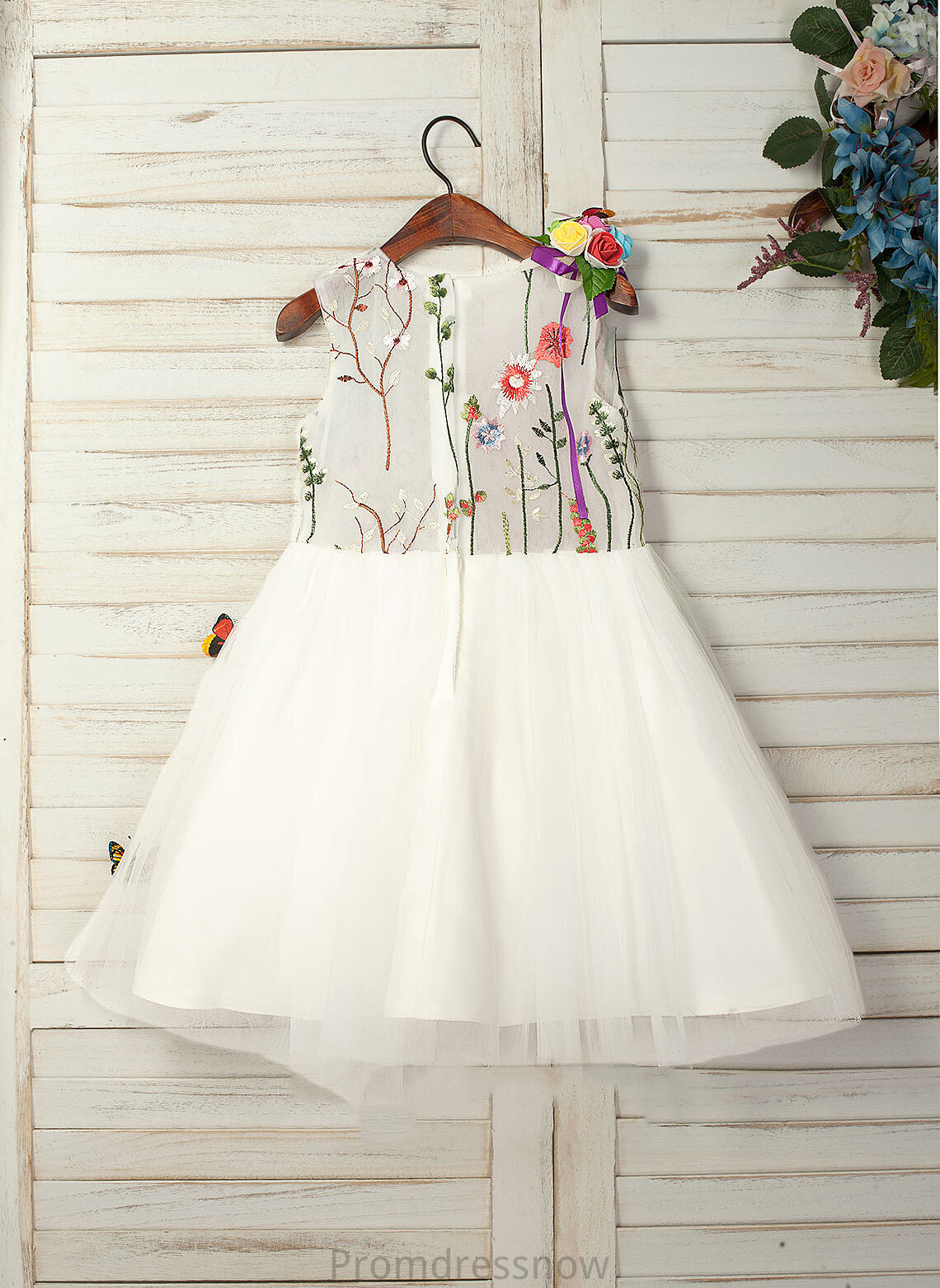 Flower Girl Tulle/Lace Dress Knee-length Scoop - Sleeveless Neck With Flower(s) A-Line Mikaela Flower Girl Dresses