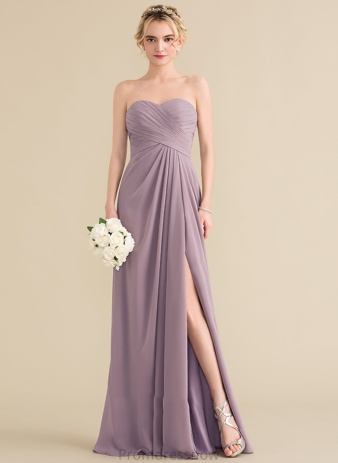 SplitFront A-Line Silhouette Neckline Sweetheart Fabric Length Ruffle Floor-Length Embellishment Ashlee Sleeveless Bridesmaid Dresses