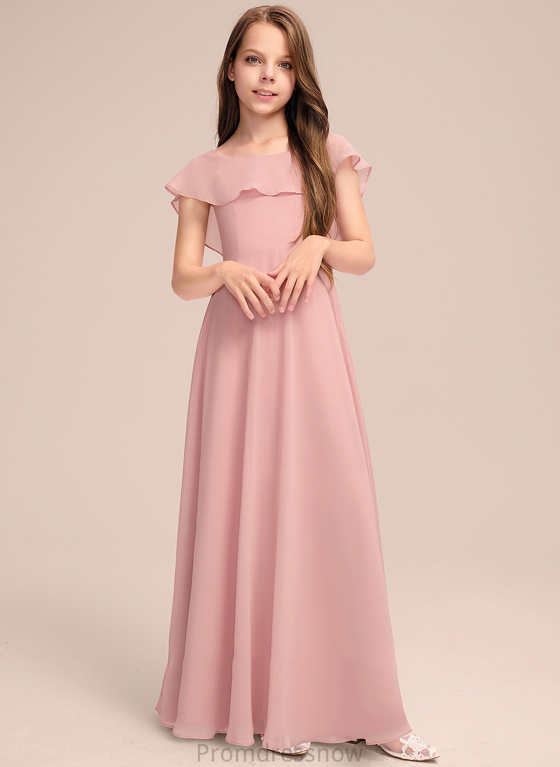 With Yaretzi Chiffon Cascading Neck Scoop Ruffles A-Line Junior Bridesmaid Dresses Floor-Length