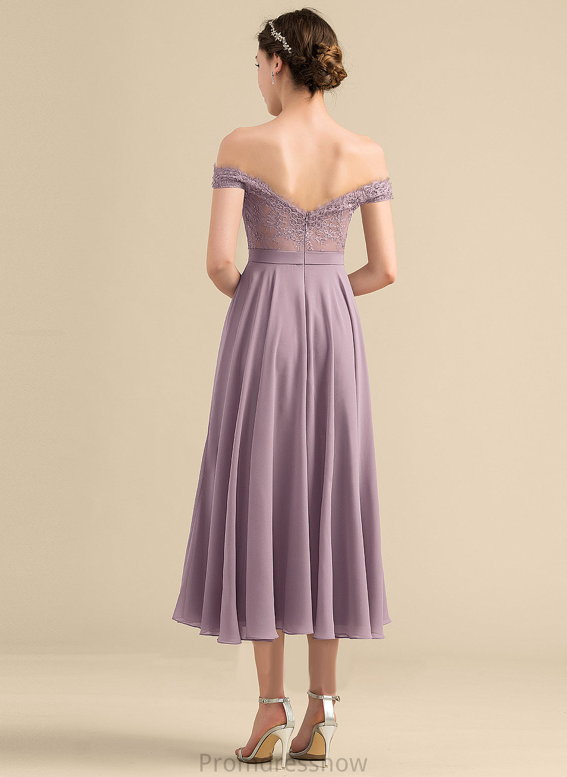 With A-Line Lace Tea-Length Beading Jemima Off-the-Shoulder Cocktail Dresses Cocktail Dress Chiffon