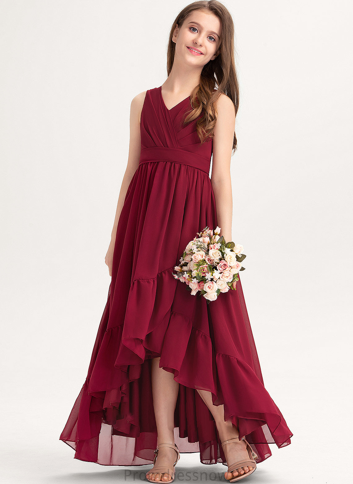 Ruffles Junior Bridesmaid Dresses V-neck Bow(s) Chiffon Cascading A-Line Julia With Asymmetrical