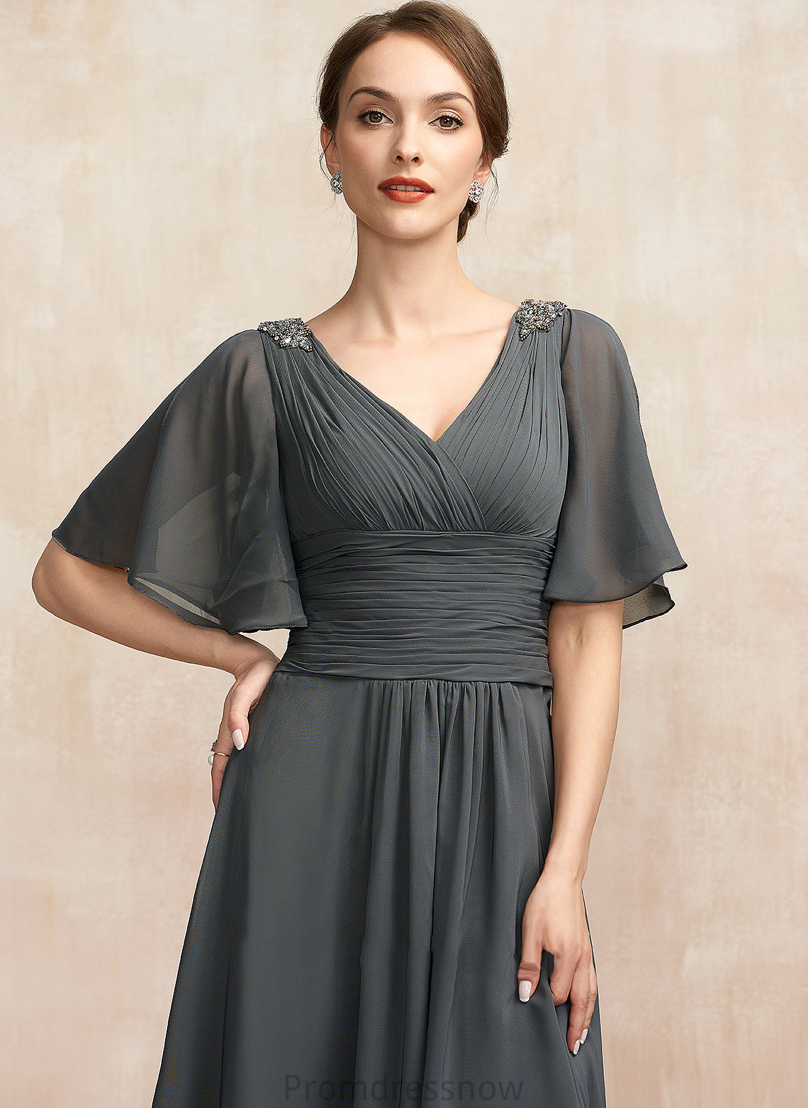 With Mother Beading Bride A-Line of Ruffle Asymmetrical Dress Mother of the Bride Dresses Chiffon the V-neck Marina