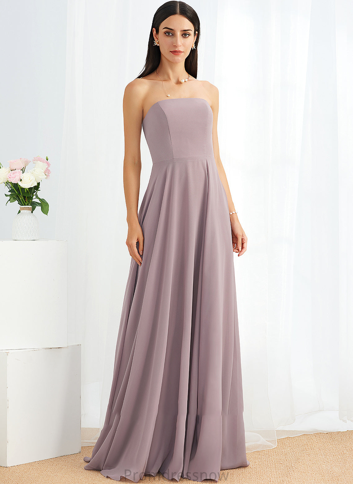 Embellishment SplitFront Silhouette Strapless Fabric Neckline A-Line Length Floor-Length Ginny A-Line/Princess V-Neck Bridesmaid Dresses