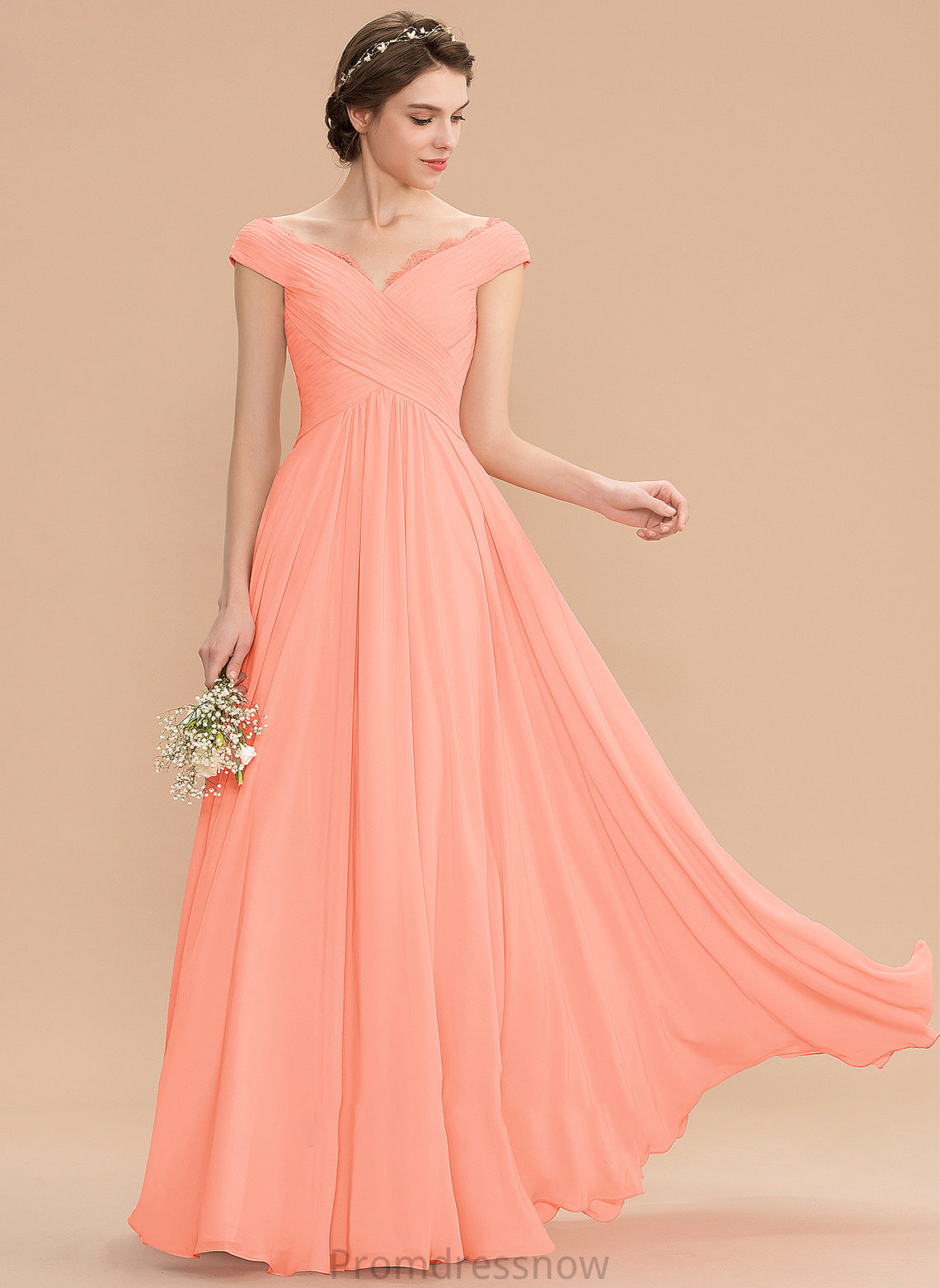 Silhouette Ruffle Length A-Line Off-the-Shoulder Fabric Lace Neckline Embellishment Floor-Length Shania Natural Waist Bridesmaid Dresses