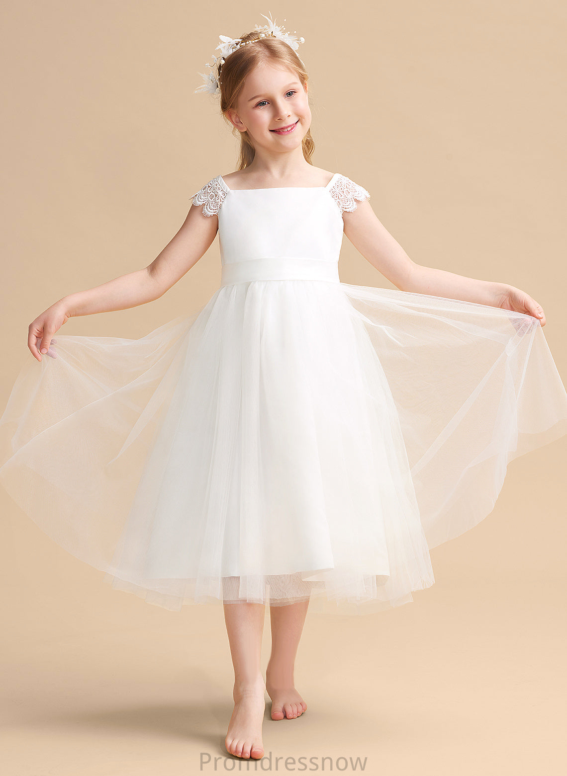 Dress Neckline - Flower Girl Dresses Girl Square Lace/Sash Satin/Tulle Flower Sleeveless With A-Line Tea-length Stacy