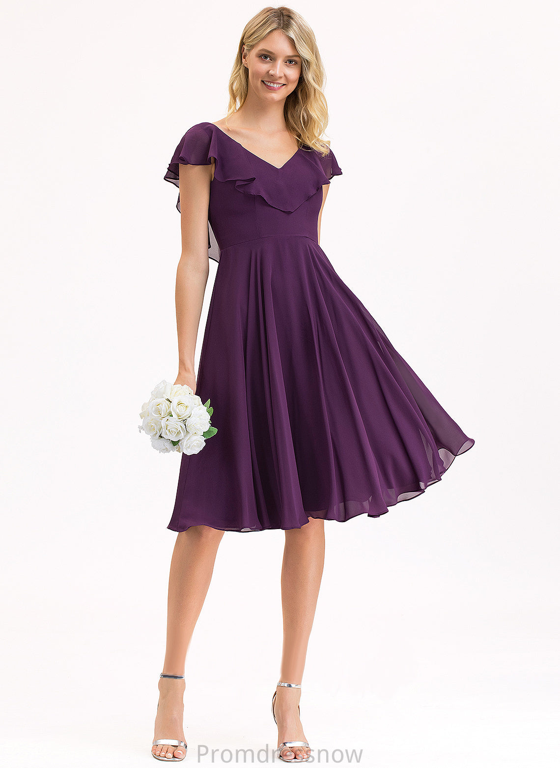 With Cascading Ruffles A-Line Chiffon Knee-Length Dress V-neck Cocktail Dresses Cocktail Amara