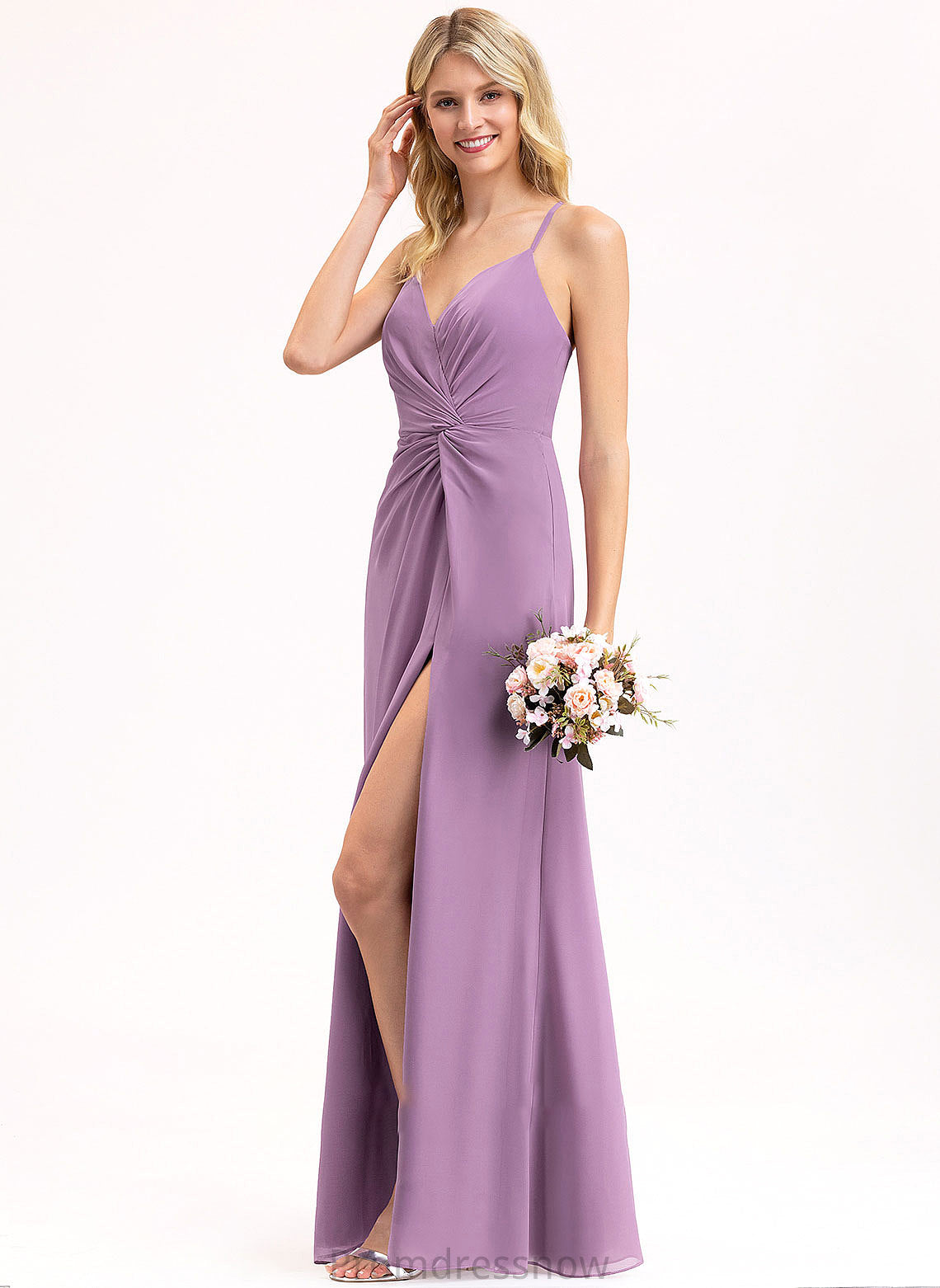 Floor-Length Embellishment Silhouette Length Neckline Fabric Ruffle A-Line SplitFront V-neck Diana Floor Length Bridesmaid Dresses