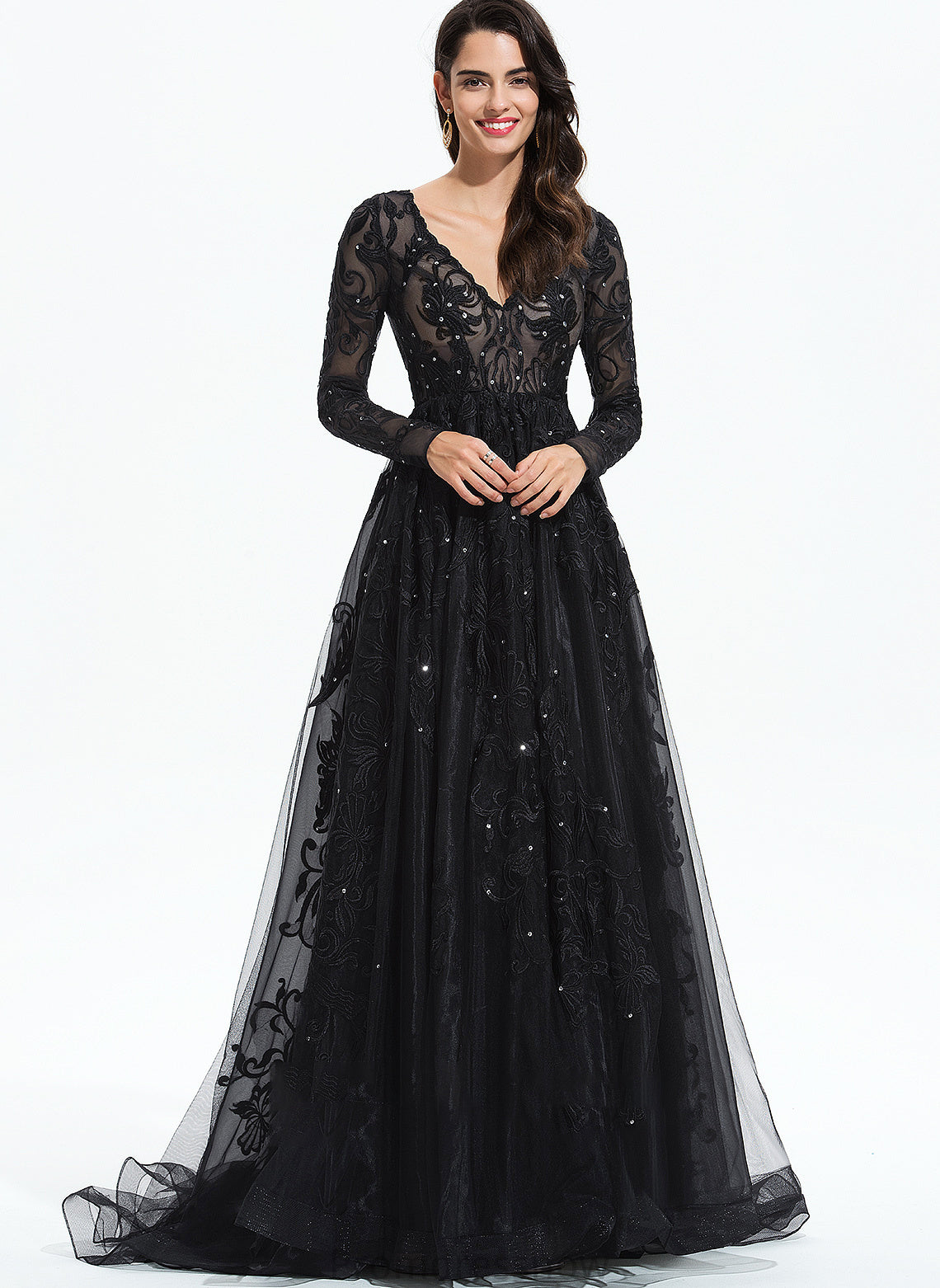 With Ball-Gown/Princess Sequins Sweep Lace Tulle V-neck Lily Prom Dresses Train