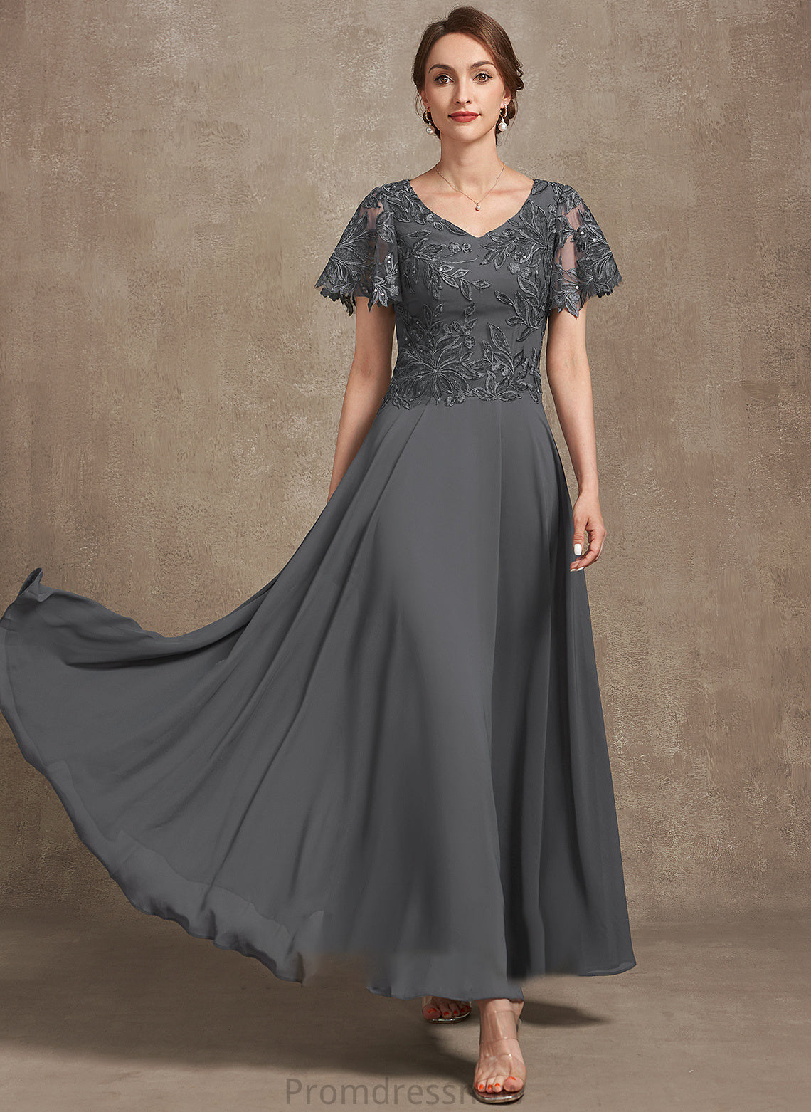 With A-Line the Mother of the Bride Dresses of Chelsea Chiffon Ankle-Length Mother V-neck Lace Bride Dress Sequins