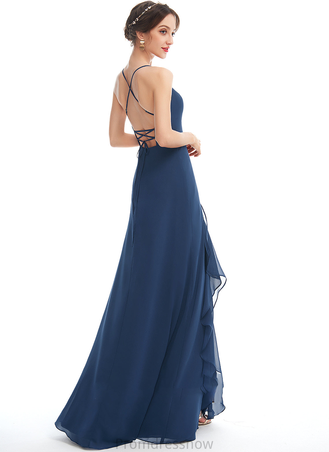 Floor-Length Neckline Embellishment Length SplitFront Silhouette Ruffle V-neck Fabric A-Line Martina Sleeveless Bridesmaid Dresses