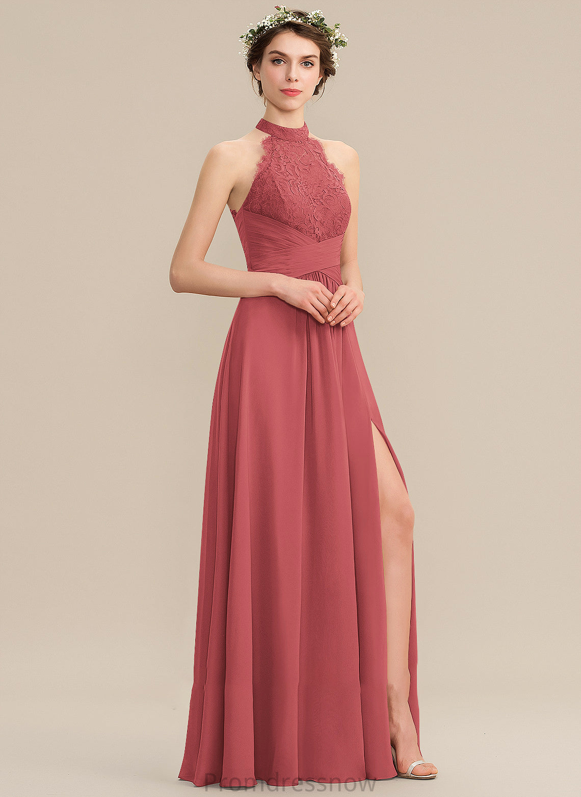 Floor-Length Fabric Ruffle SplitFront HighNeck Length Silhouette Neckline A-Line Embellishment Crystal Knee Length Bridesmaid Dresses