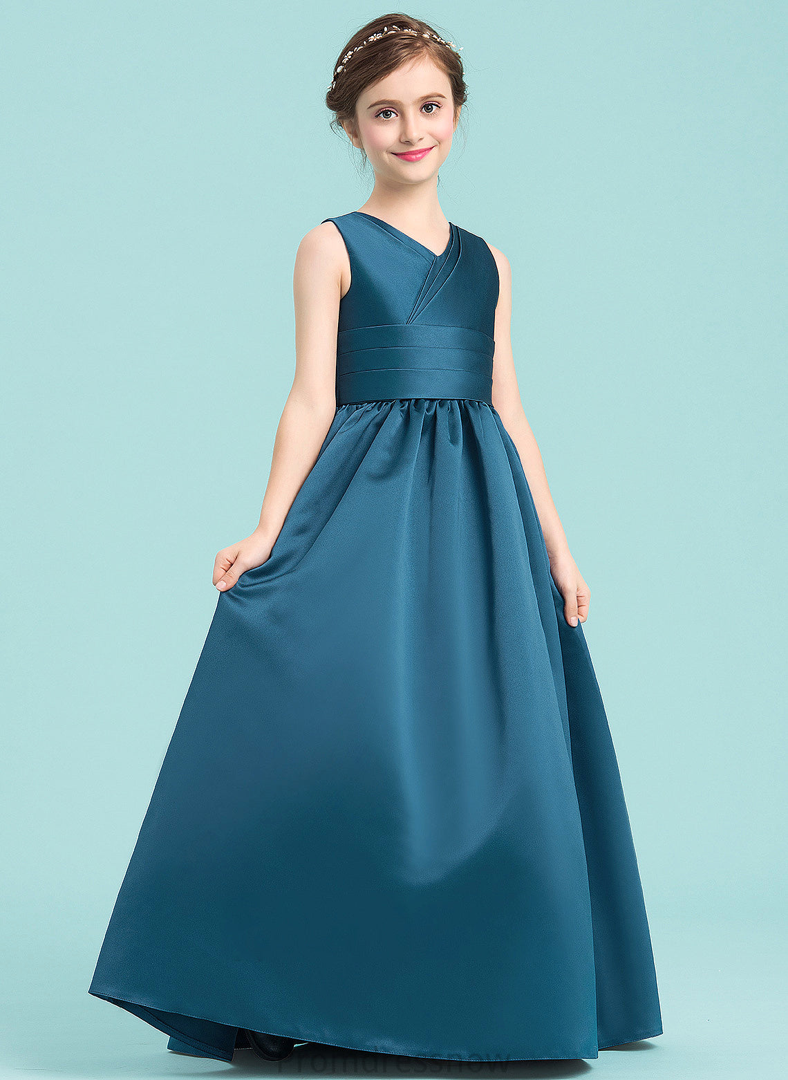 With Ball-Gown/Princess Floor-Length Ruffle Junior Bridesmaid Dresses Satin Mireya V-neck