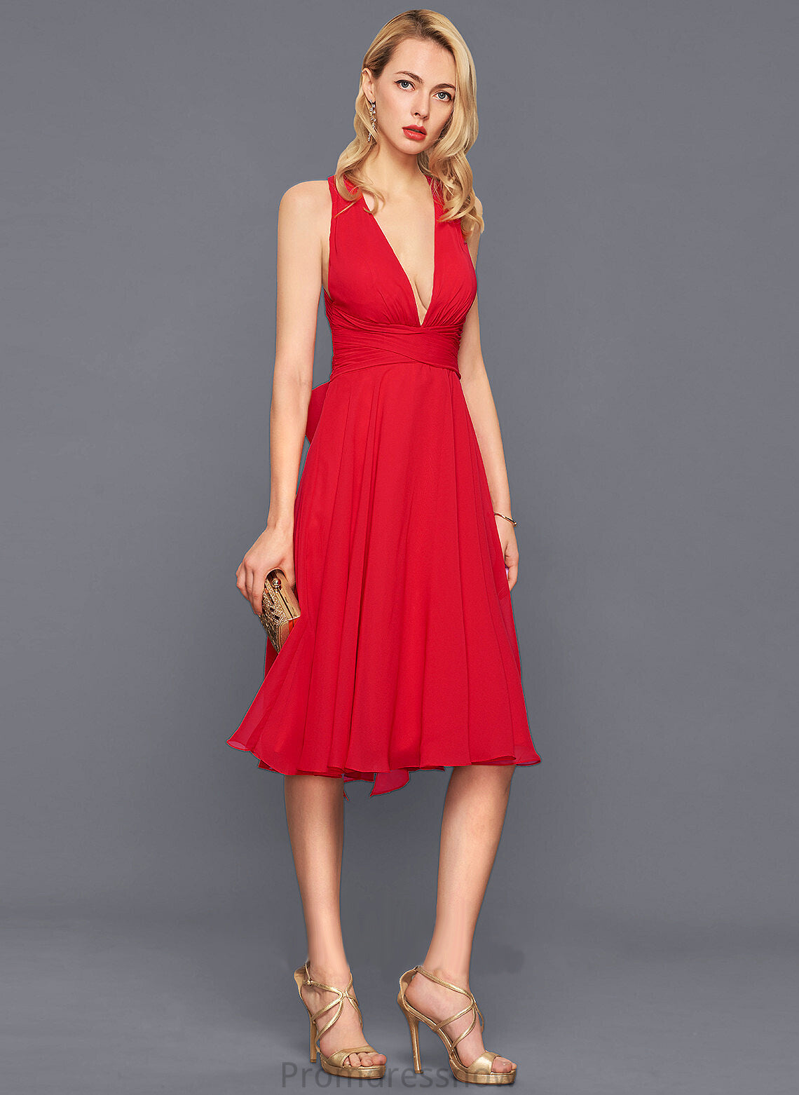 With Chiffon Knee-Length Dress Mara Bow(s) Ruffle Cocktail A-Line V-neck Cocktail Dresses