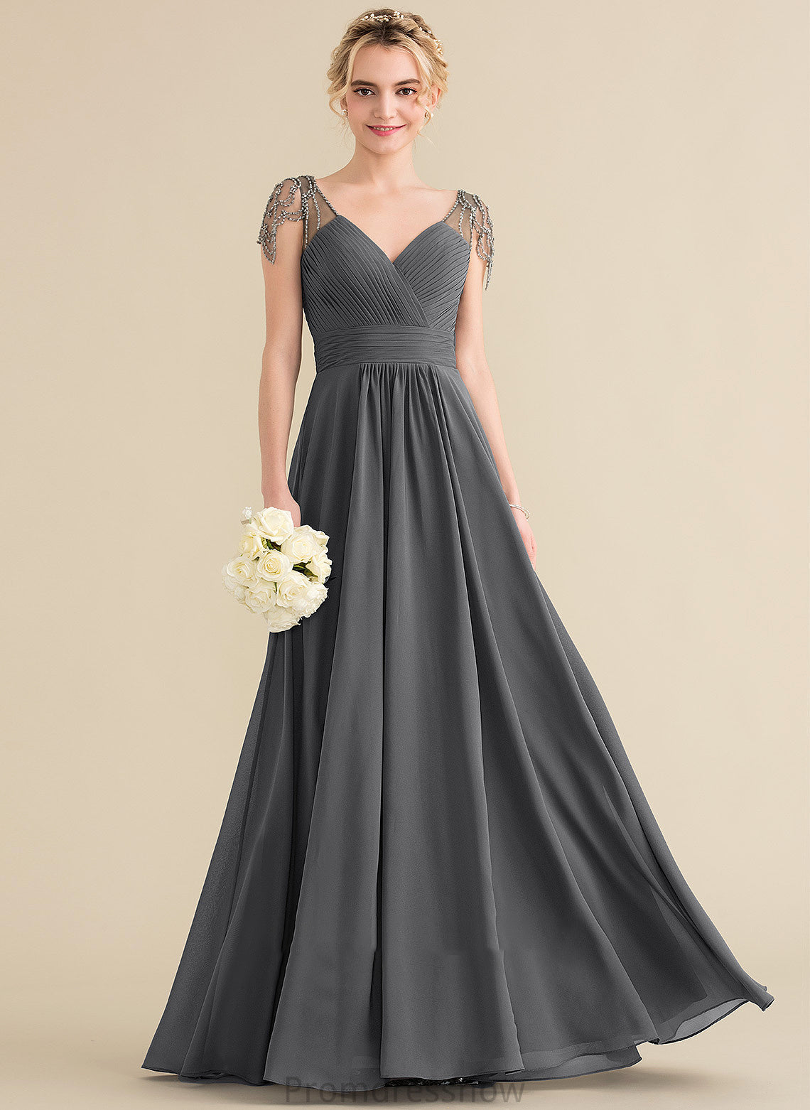 Floor-Length V-neck Beading Fabric Silhouette Sequins Embellishment Neckline A-Line Length Ruffle Lyric Bridesmaid Dresses