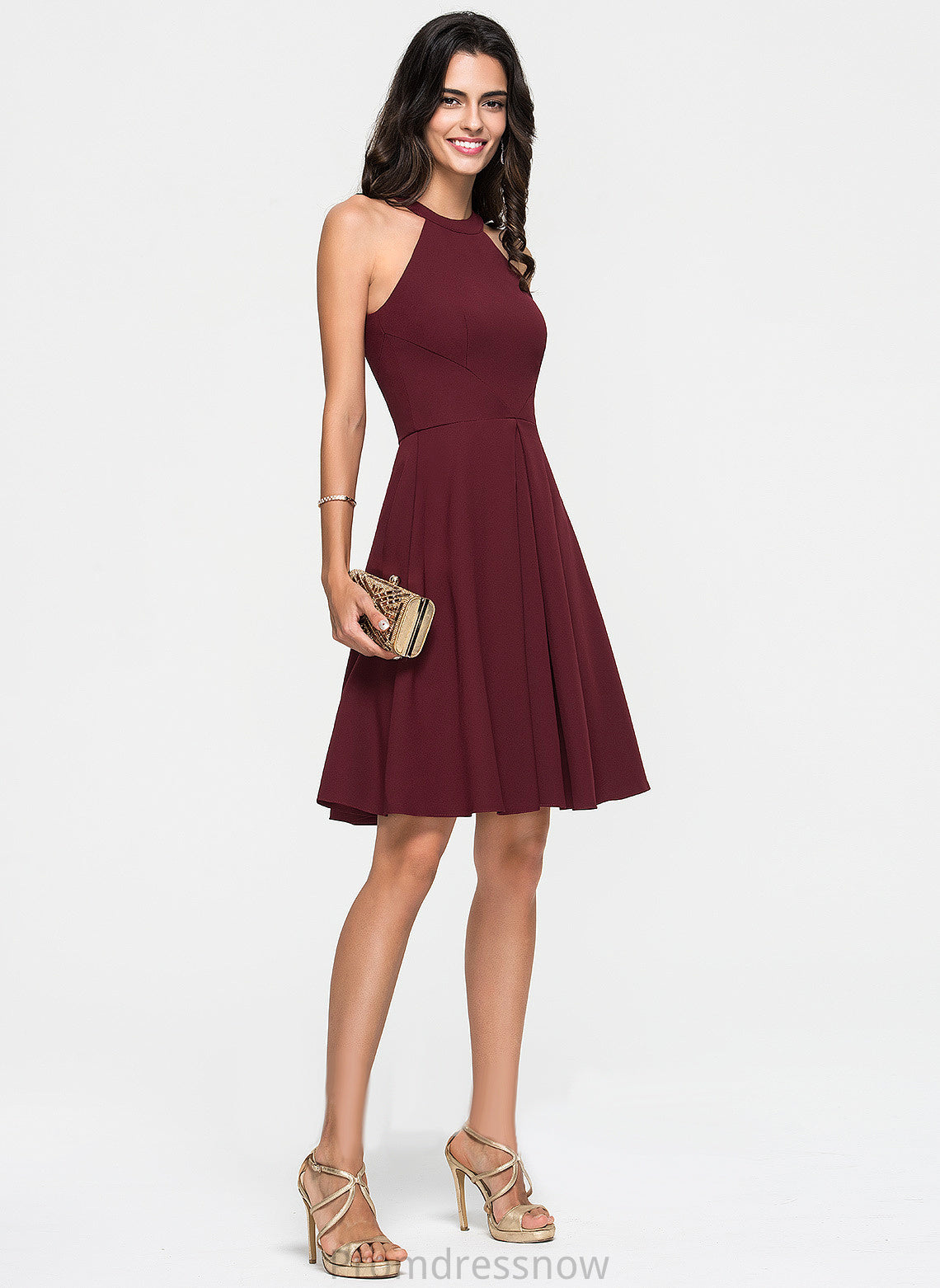 With Cocktail Dresses Una Neck Dress Ruffle Crepe Knee-Length Scoop Stretch Cocktail A-Line