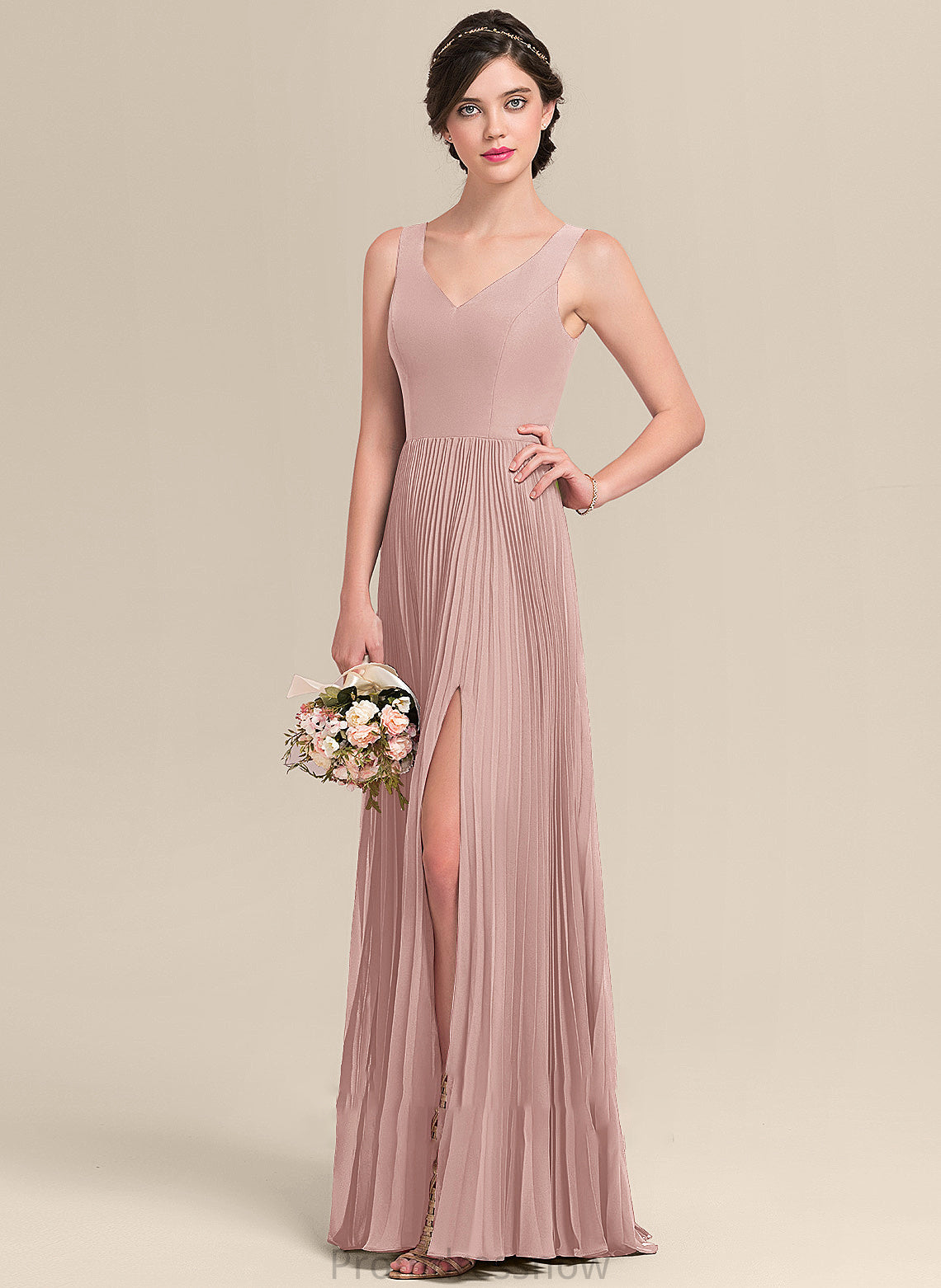 Length Neckline Fabric Silhouette SplitFront Embellishment A-Line V-neck Pleated Floor-Length Kay Natural Waist Bridesmaid Dresses