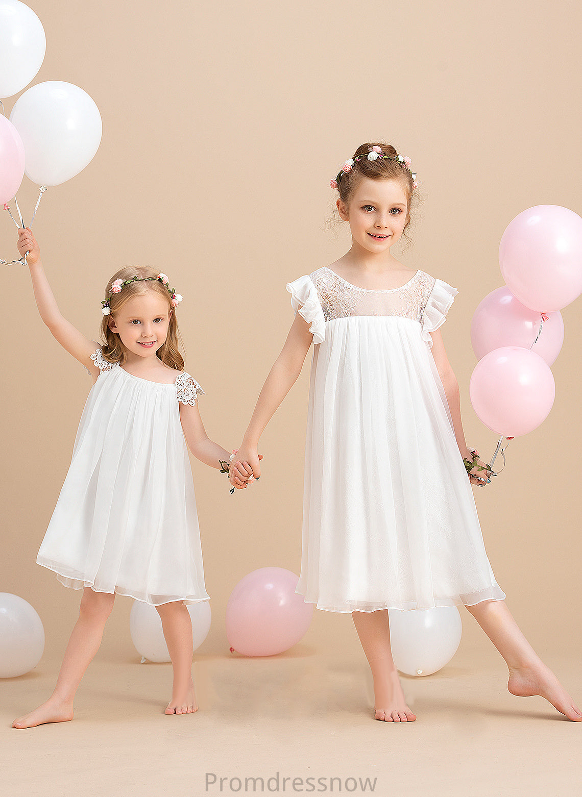 Chiffon Neck Sleeves Flower Girl Dresses With Salome Girl Lace Short Knee-length Dress - Scoop A-Line Flower