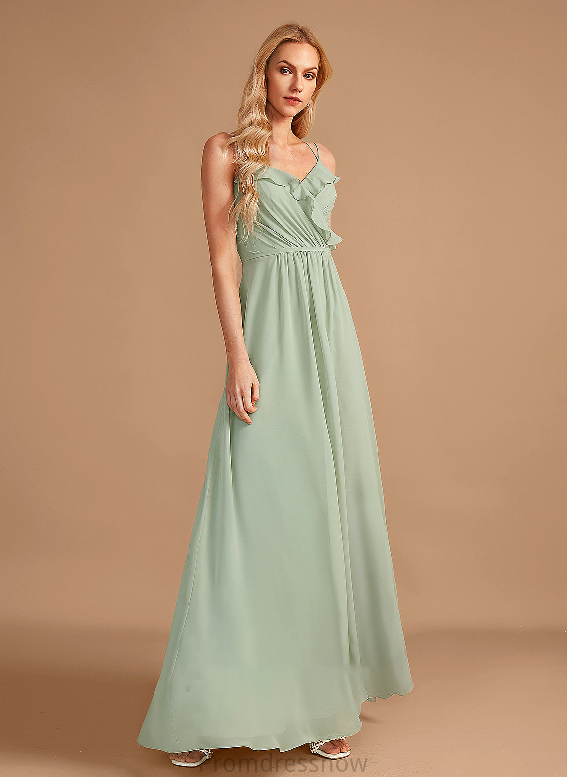 A-Line Fabric V-neck Silhouette Ruffle Length Floor-Length Embellishment Neckline Jazmin Floor Length Sheath/Column Bridesmaid Dresses