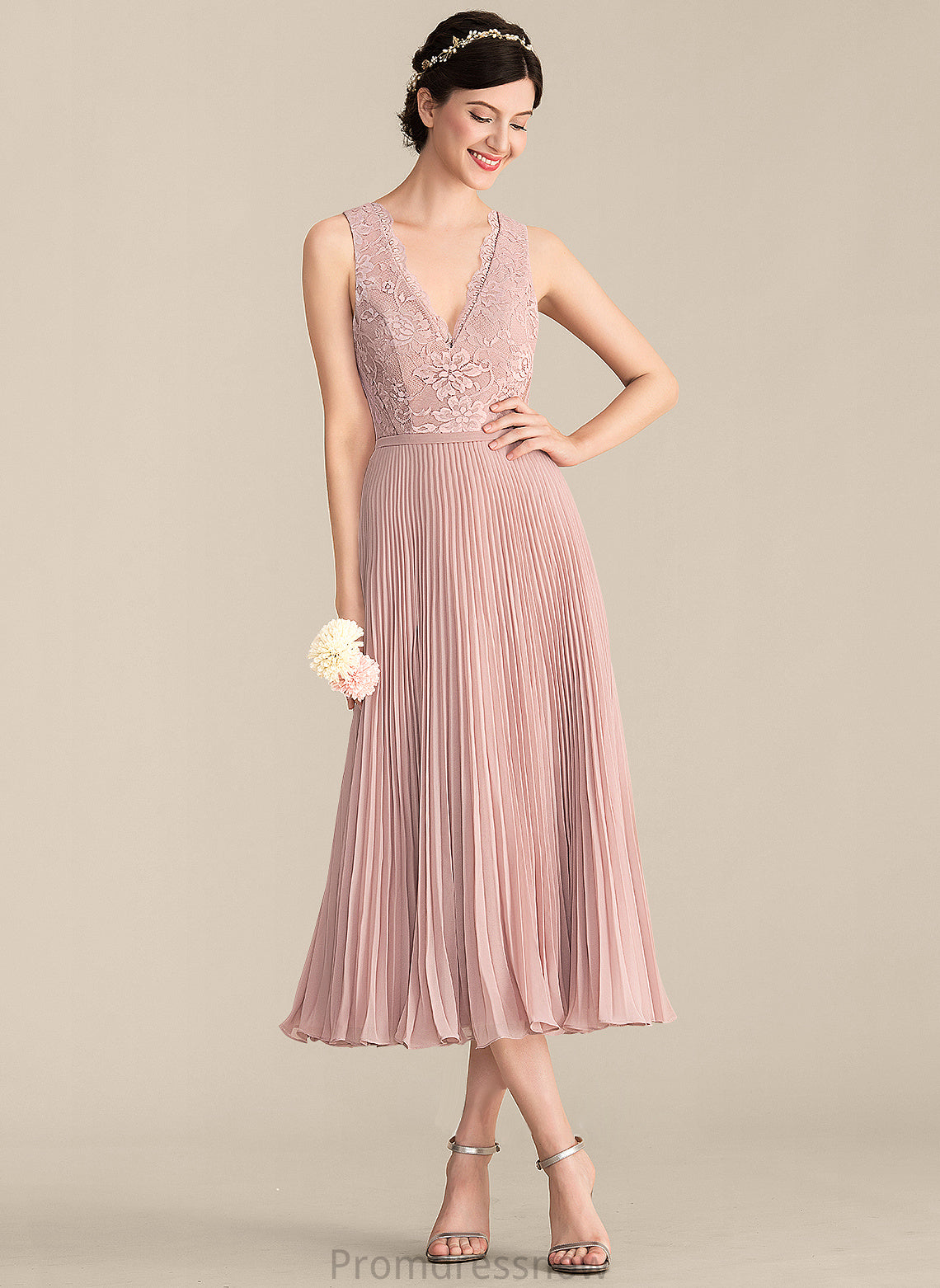 A-Line Length Embellishment V-neck Fabric Pleated Silhouette Neckline Tea-Length Ellen A-Line/Princess Natural Waist Bridesmaid Dresses