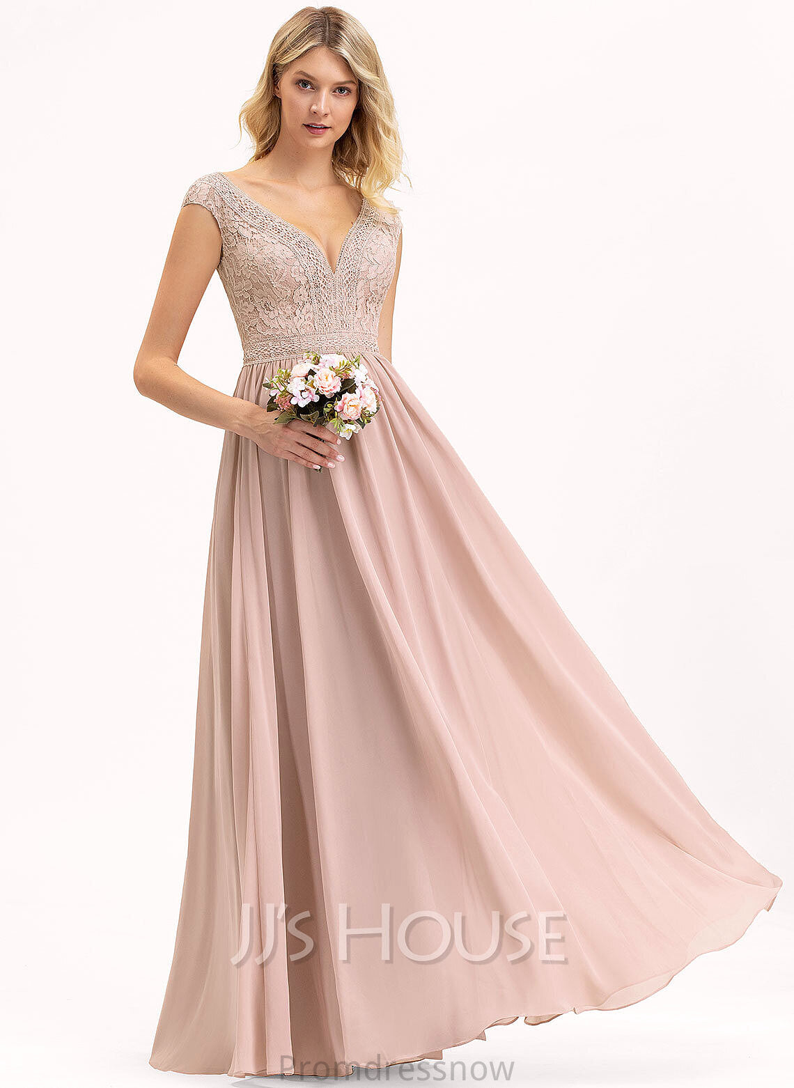 Lace Silhouette Straps Neckline Fabric A-Line Floor-Length Length V-neck Jordan Natural Waist Sleeveless Bridesmaid Dresses