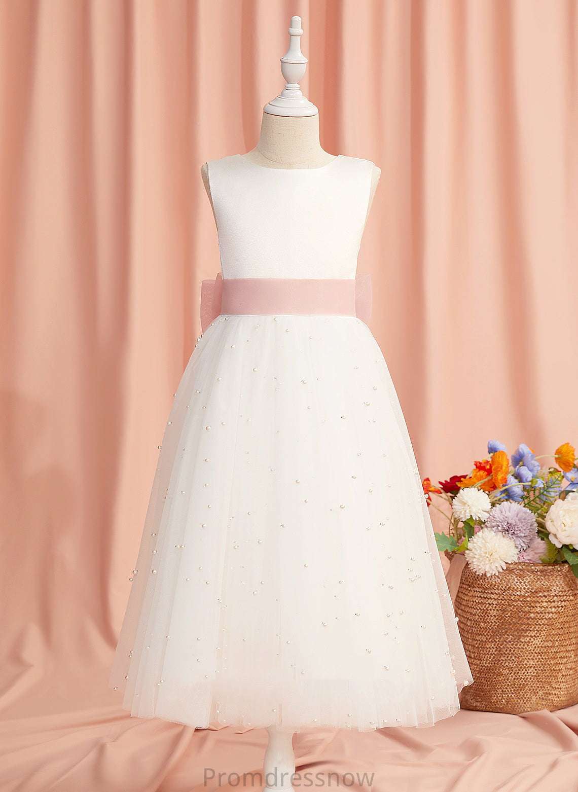 Sash/Bow(s)/V Satin/Tulle Anahi Neck Tea-length With Sleeveless Flower Girl Dresses Flower Back - Girl Dress A-Line Scoop