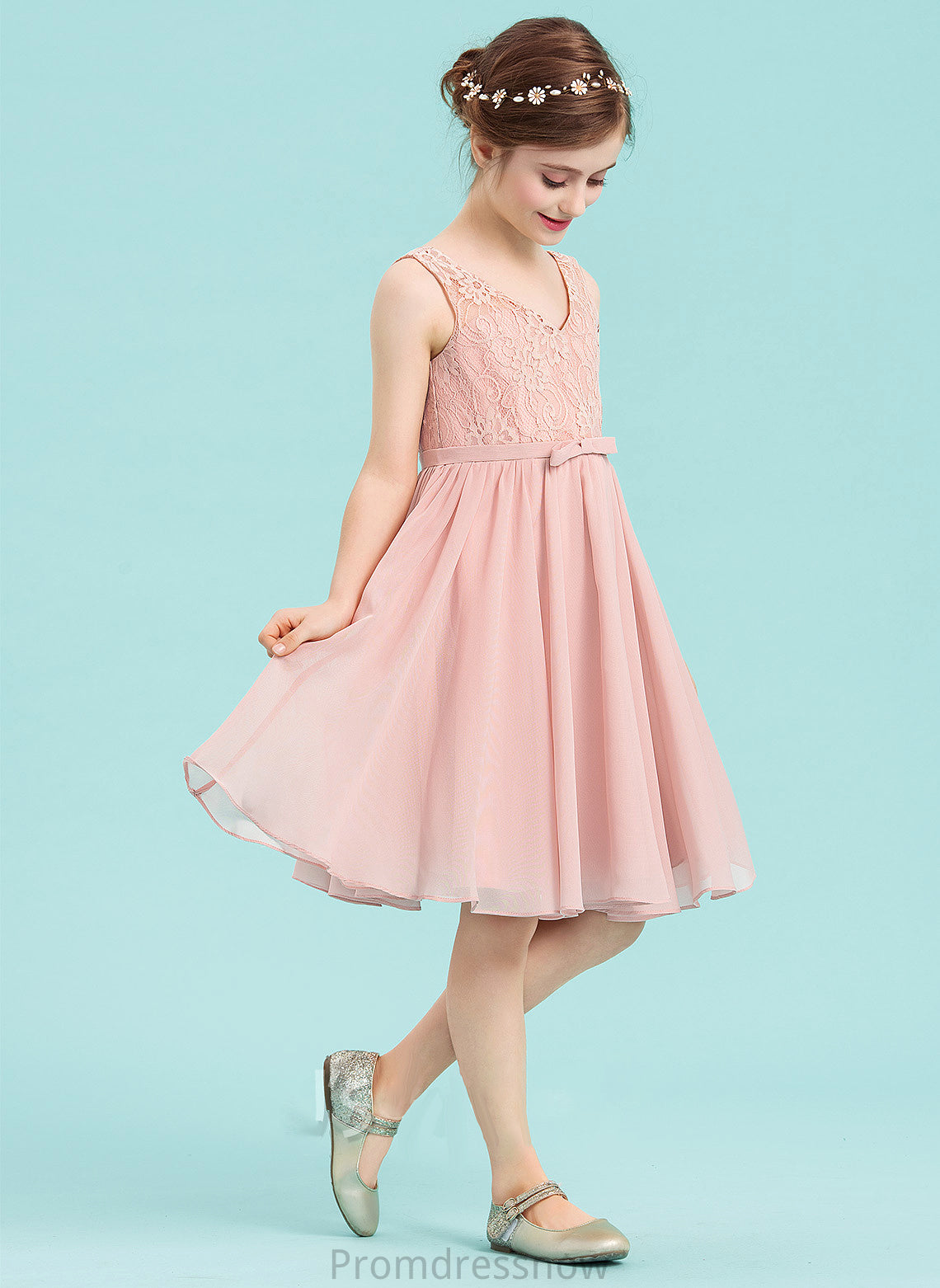 With Knee-Length Annabella V-neck Bow(s) Chiffon Junior Bridesmaid Dresses A-Line