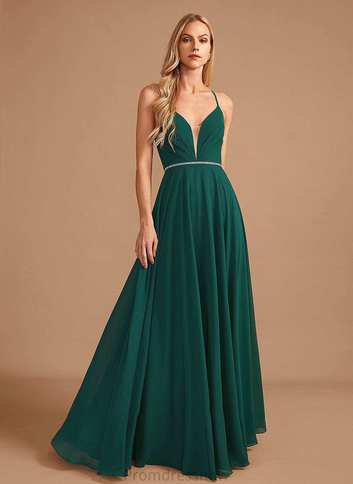 V-neck Floor-Length Neckline Fabric Embellishment A-Line Silhouette Length Beading Paityn Sleeveless Natural Waist Bridesmaid Dresses