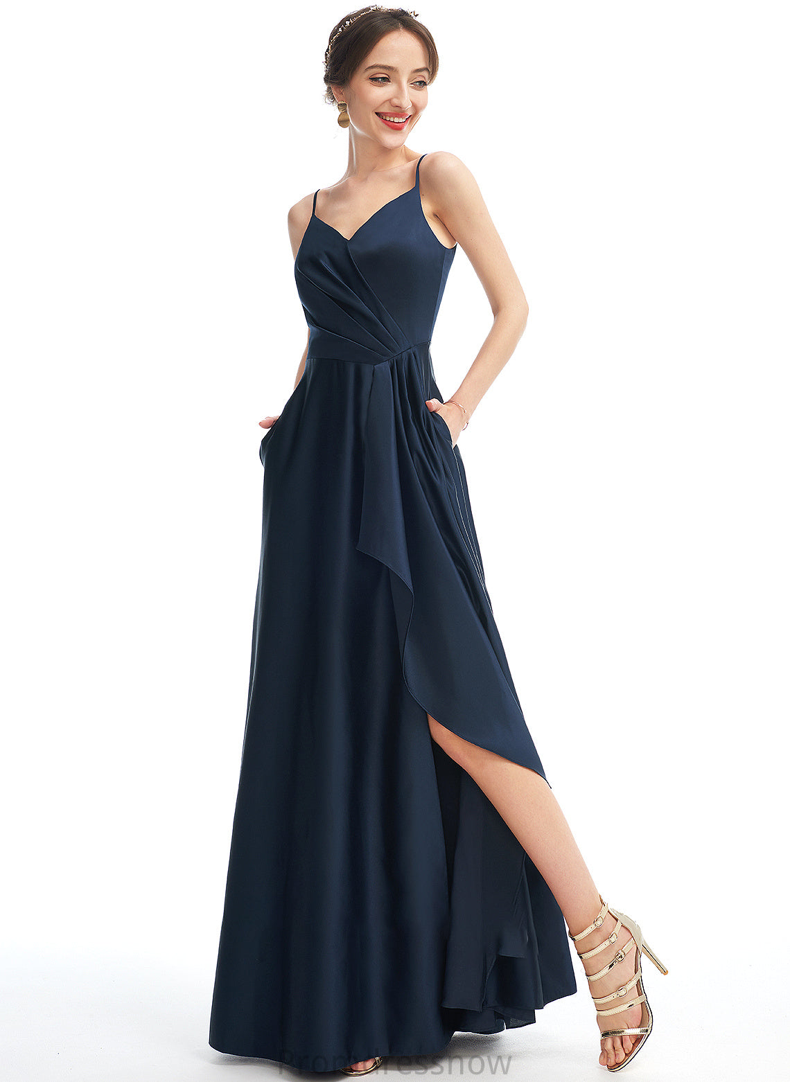 Fabric Embellishment Length A-Line V-neck Neckline Pockets Floor-Length Silhouette SplitFront Lois Floor Length Bridesmaid Dresses