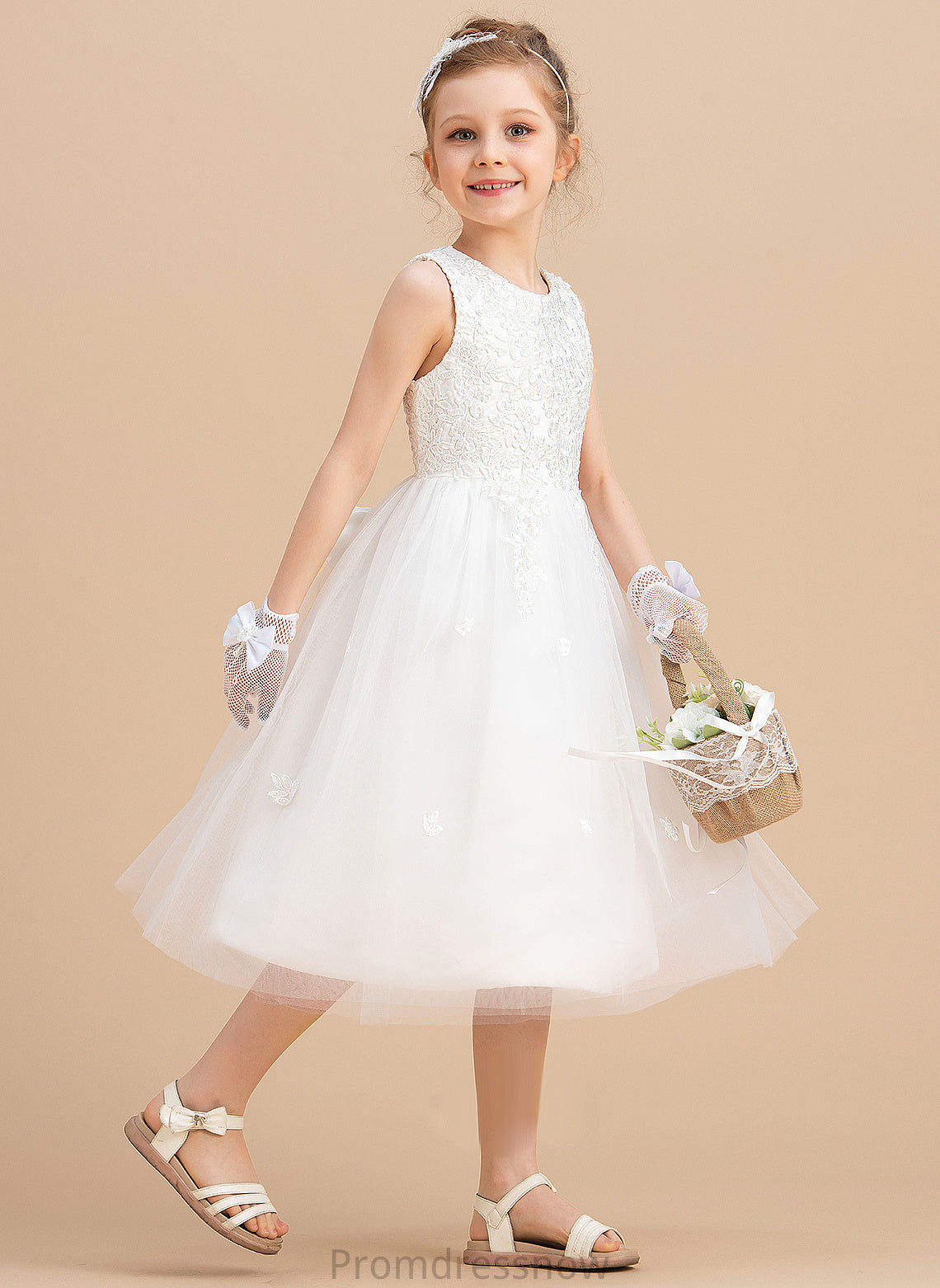 Tea-length Satin/Tulle Sleeveless Flower Girl Dresses Dress Bow(s) Neck Scoop With - Sam A-Line Flower Girl