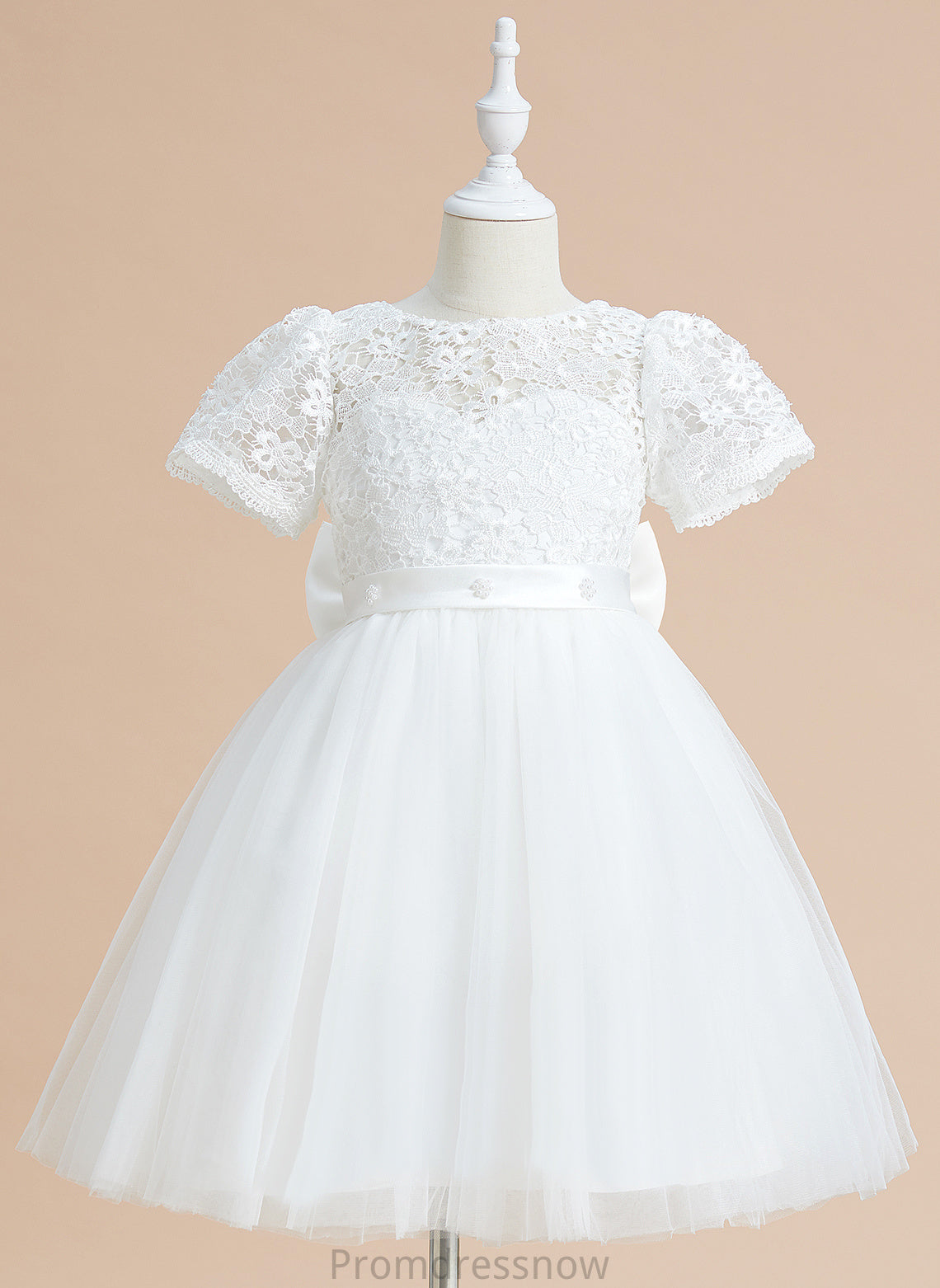 Bow(s) A-Line Dress Knee-length Flower Girl - Scoop Sleeves Nora Short Neck Flower Girl Dresses With Tulle/Lace