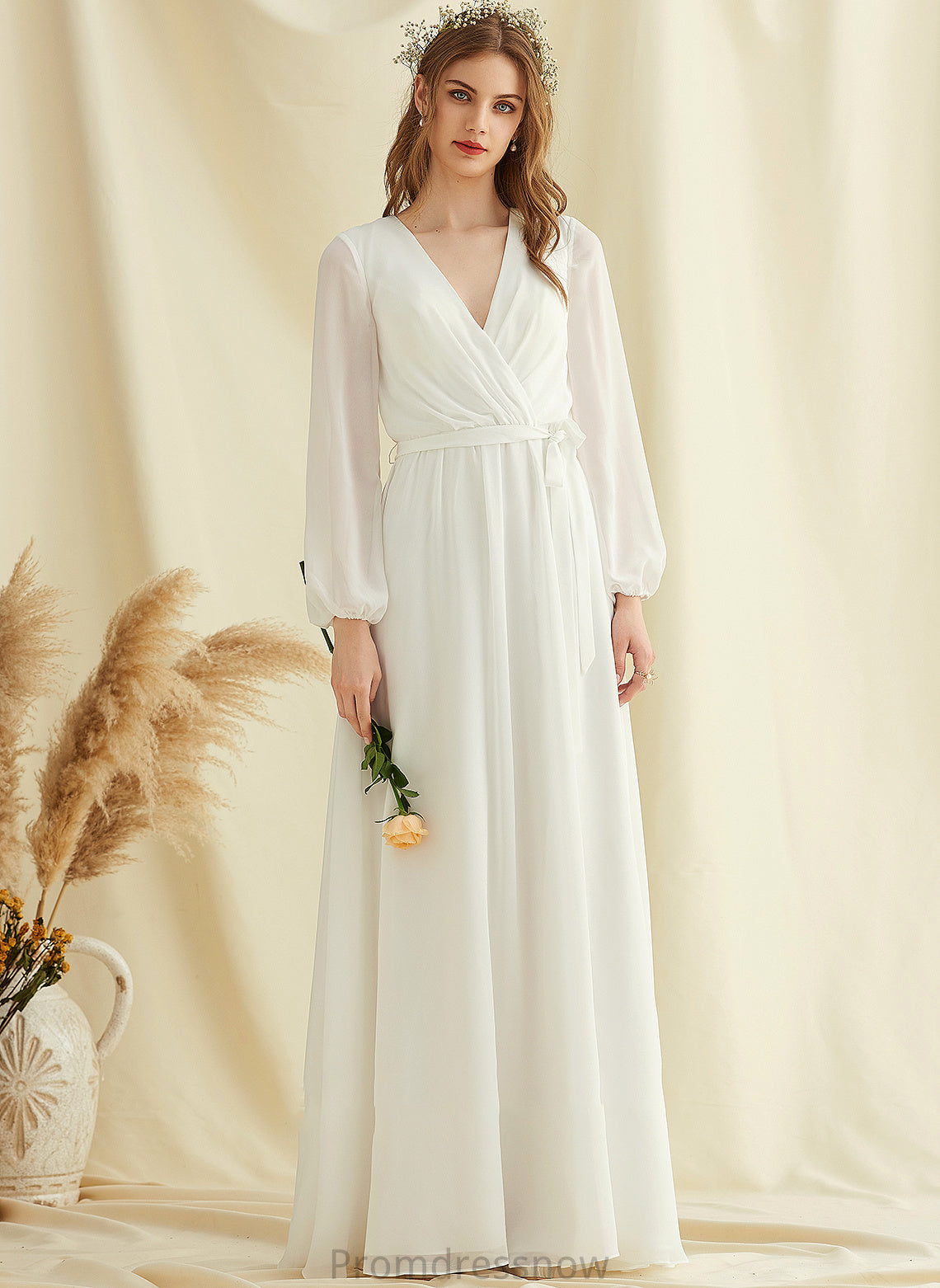 With Chiffon Front Split Wedding Floor-Length A-Line Dress Jamiya Wedding Dresses V-neck