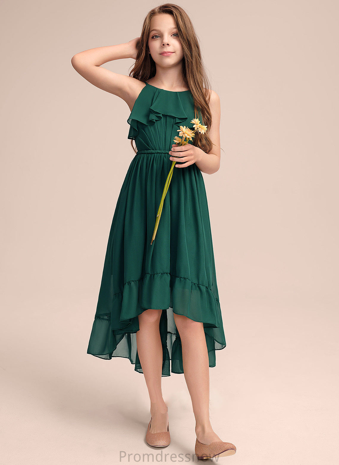 With Asymmetrical Scoop Junior Bridesmaid Dresses Alexa Cascading A-Line Neck Chiffon Ruffles