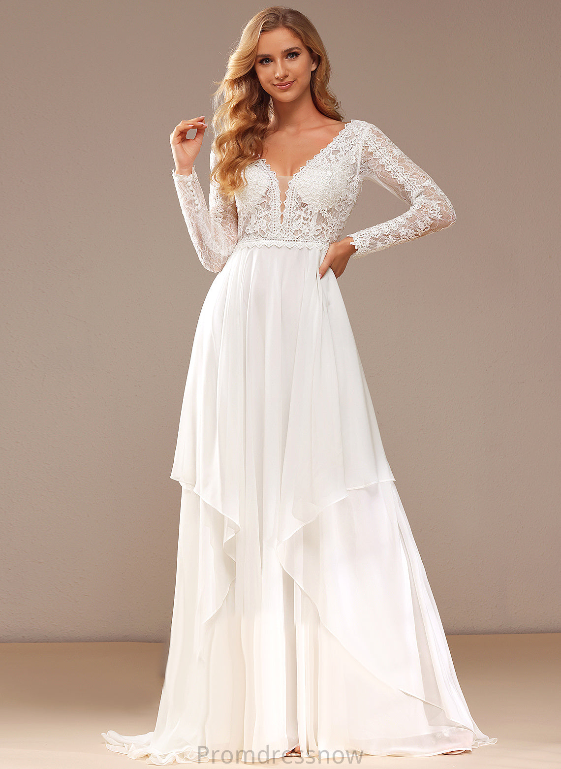 With Train A-Line Chiffon Ruffle Court Wedding Dress Lace V-neck Lace Anna Wedding Dresses