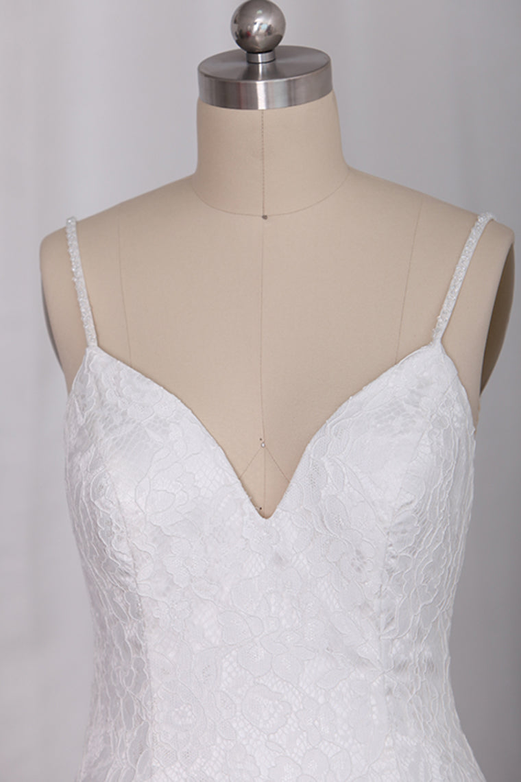 2024 Open Back Lace Spaghetti Straps Sweep Train Wedding Dresses