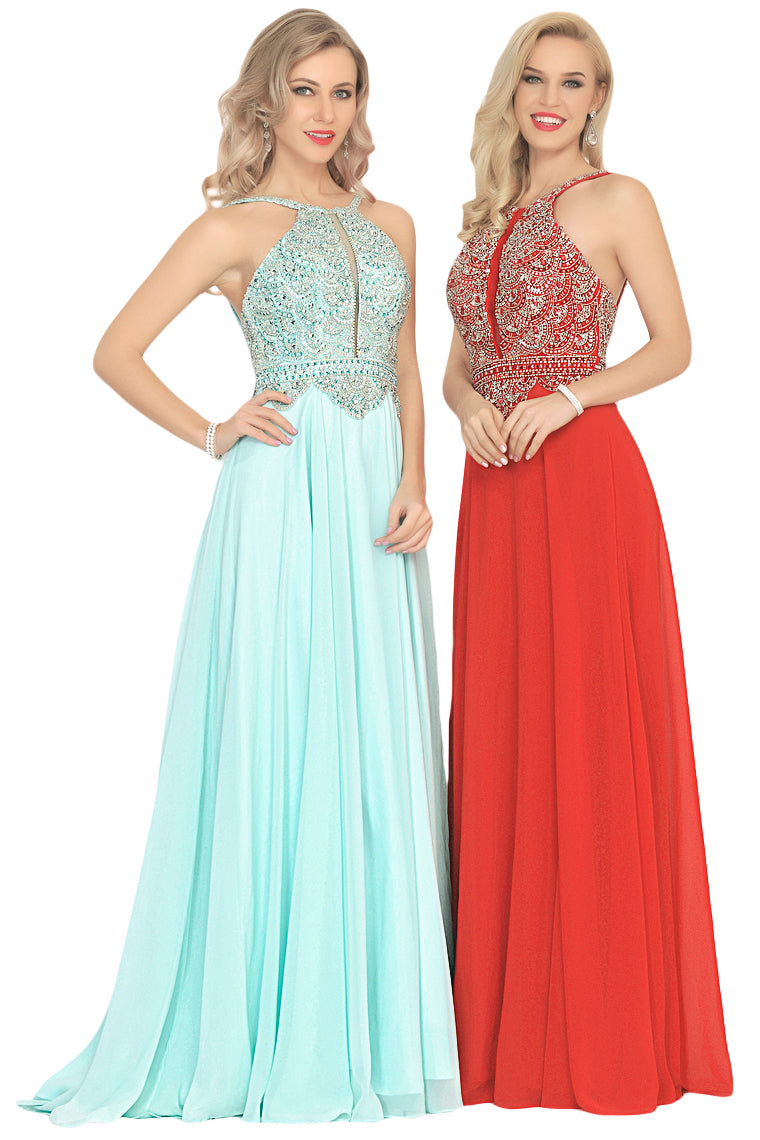 2024 A Line Chiffon Spaghetti Straps Prom Dresses With Beading Floor Length