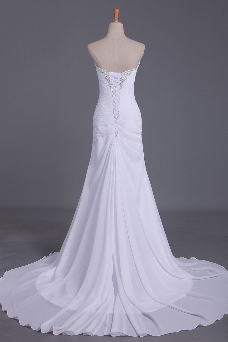 2024 Wedding Dresses Sweetheart Sheath With Beads And Ruffles Chiffon Court Train