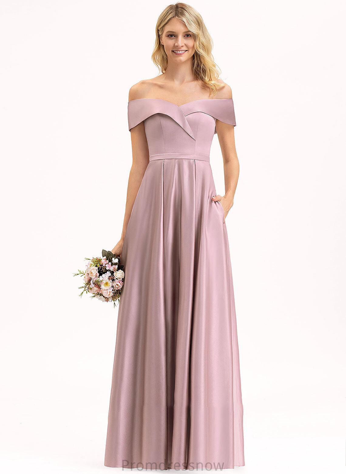 Neckline Off-the-Shoulder Fabric Length Pockets Silhouette Floor-Length A-Line Embellishment Lesley Sleeveless Floor Length Bridesmaid Dresses