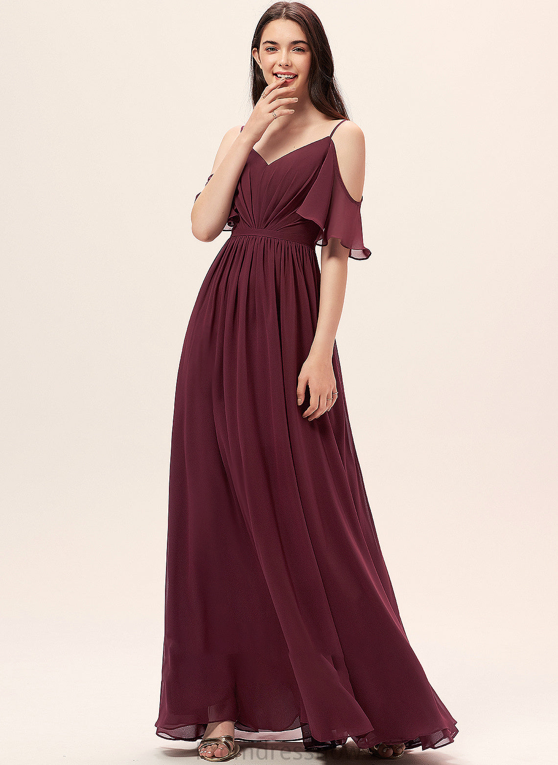 Fabric Silhouette Length Floor-Length V-neck Neckline Embellishment A-Line Ruffle Nicola Floor Length A-Line/Princess Bridesmaid Dresses