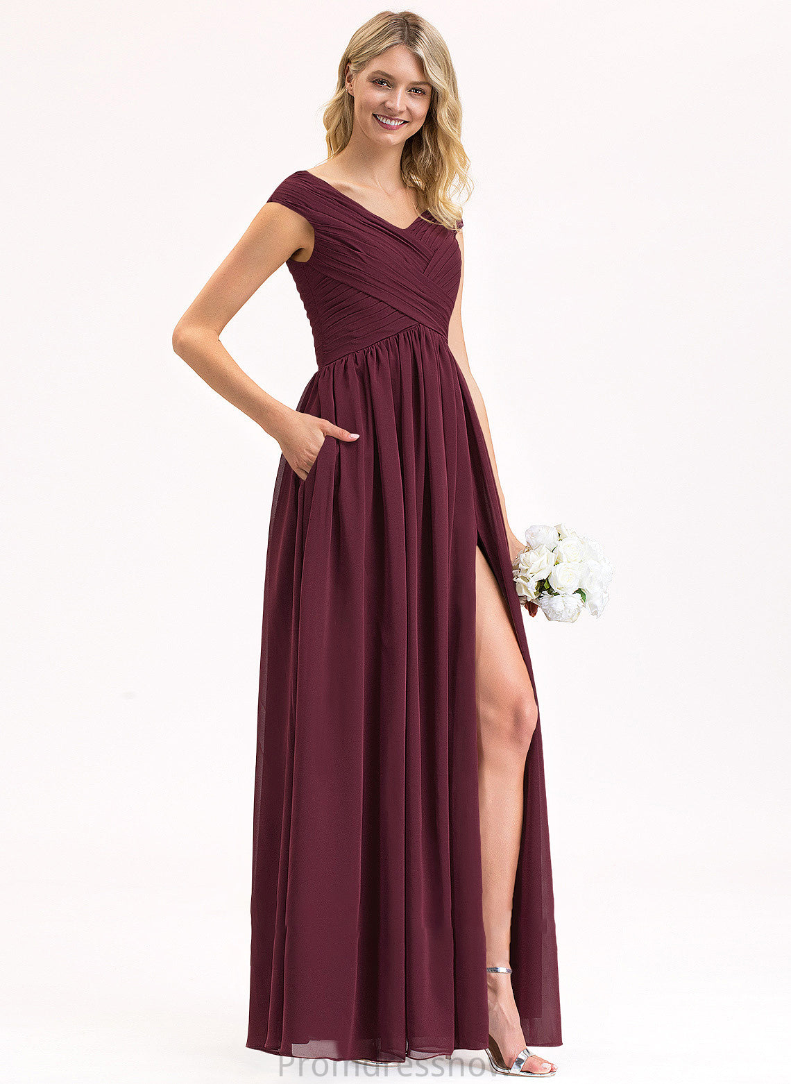 SplitFront Ruffle A-Line Silhouette Floor-Length Off-the-Shoulder Pockets Embellishment Neckline Length Fabric Micaela Bridesmaid Dresses