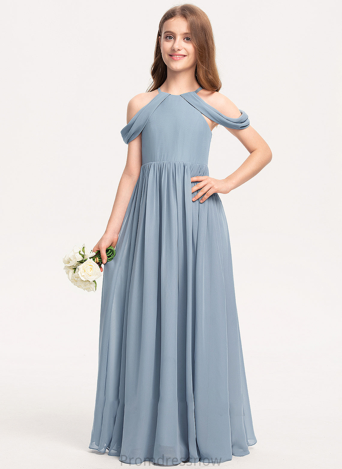 Chiffon Neck A-Line Ruffle Floor-Length Junior Bridesmaid Dresses Scoop Nia With