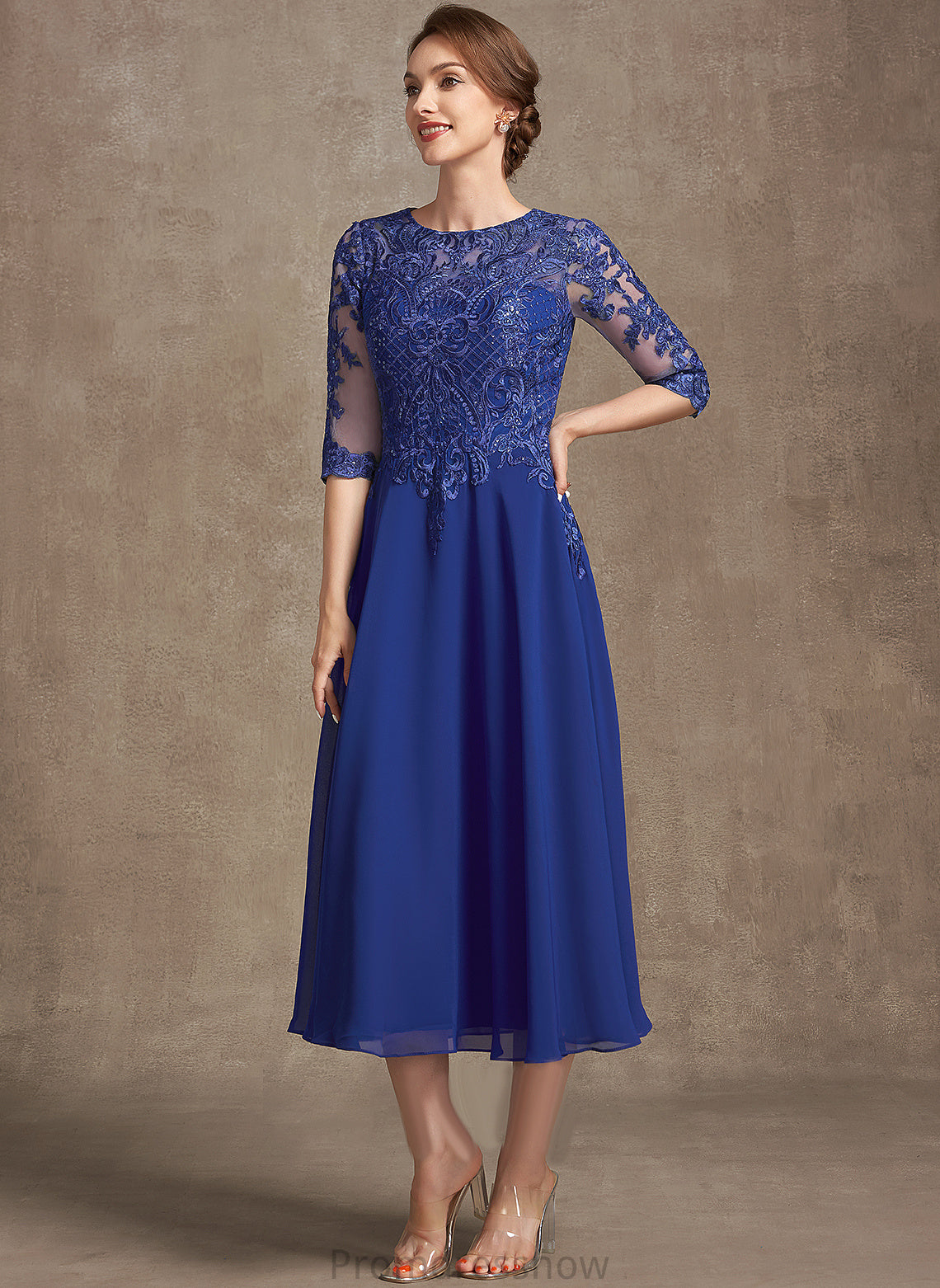 With Mother Macy Chiffon Dress Scoop Lace Sequins Bride the Mother of the Bride Dresses of Tea-Length Neck A-Line