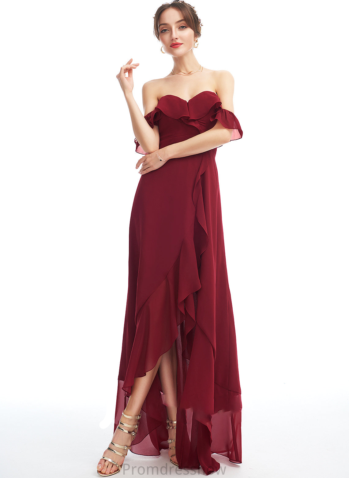 Embellishment SplitFront Ruffle Silhouette Fabric Length Off-the-Shoulder Neckline A-Line Asymmetrical Sheila Sheath/Column Bridesmaid Dresses