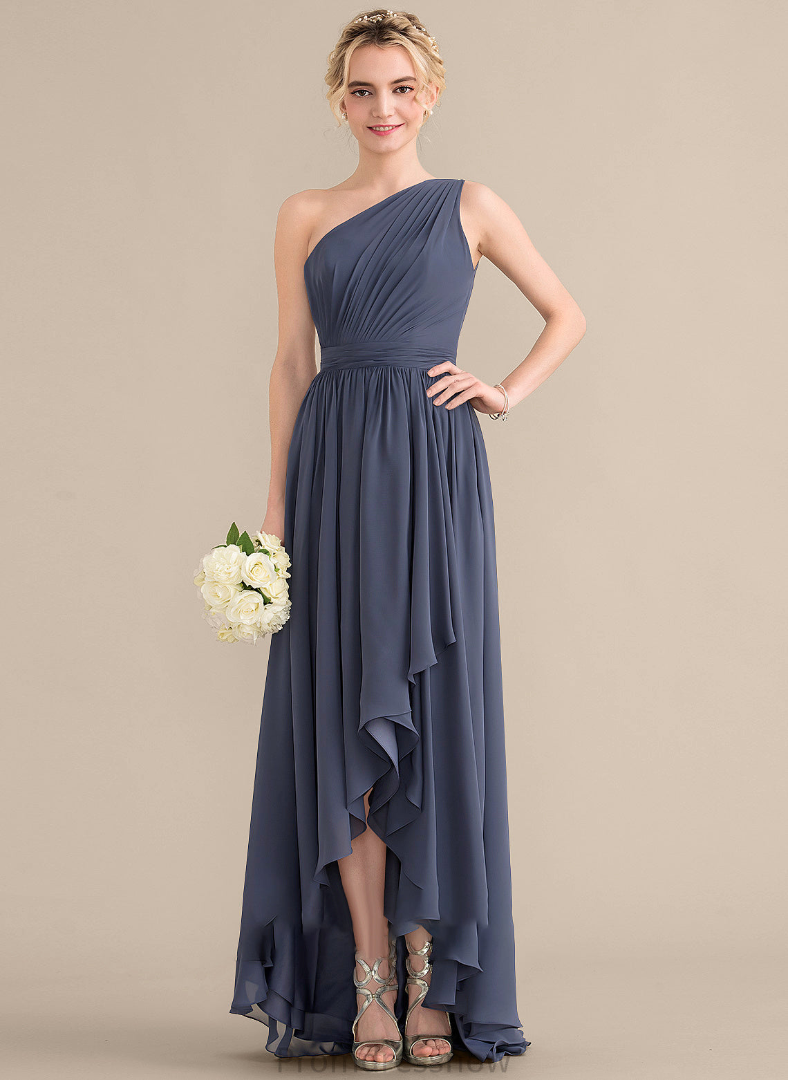 Silhouette Embellishment Neckline Asymmetrical Fabric A-Line One-Shoulder CascadingRuffles Length Yareli Spaghetti Staps Natural Waist Bridesmaid Dresses