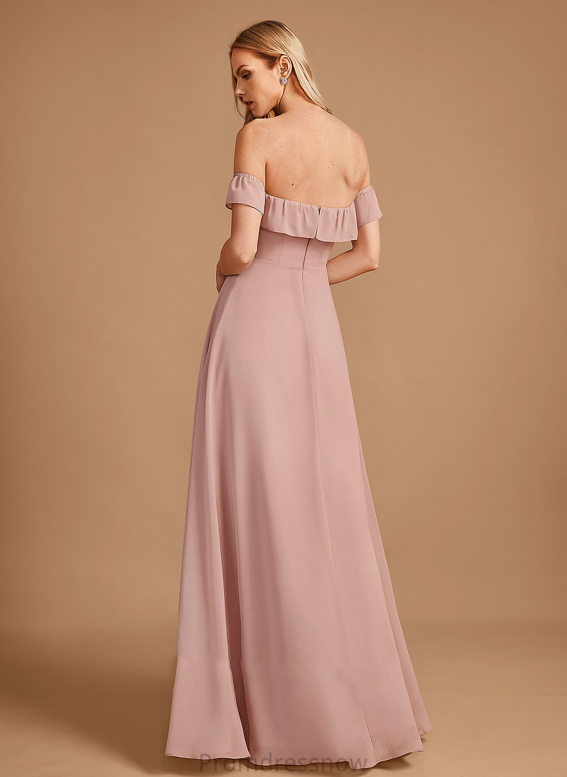 Floor-Length Neckline Ruffle Fabric Off-the-Shoulder Length A-Line Silhouette Embellishment Mira A-Line/Princess Natural Waist Bridesmaid Dresses