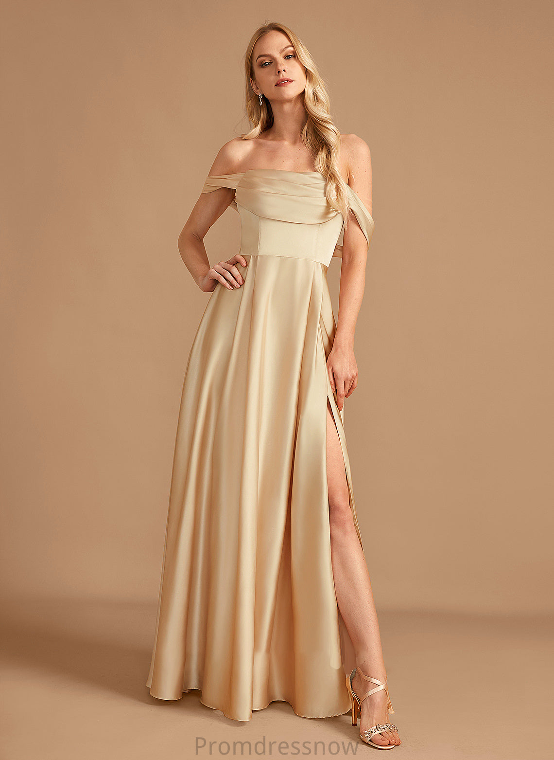 Neckline SplitFront A-Line Floor-Length Fabric Silhouette Length Pockets Off-the-Shoulder Embellishment Brianna Sleeveless Bridesmaid Dresses