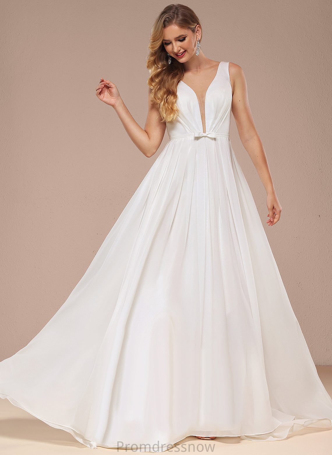 With Bow(s) Dress Sweep A-Line Wedding Dresses Chiffon Lena Wedding Train V-neck